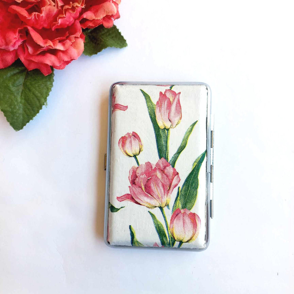 Pink tulips cigarrette case, 100s slim cigarette box, Gentle floral pattern case, business card case for her, dragonfly and flowers box