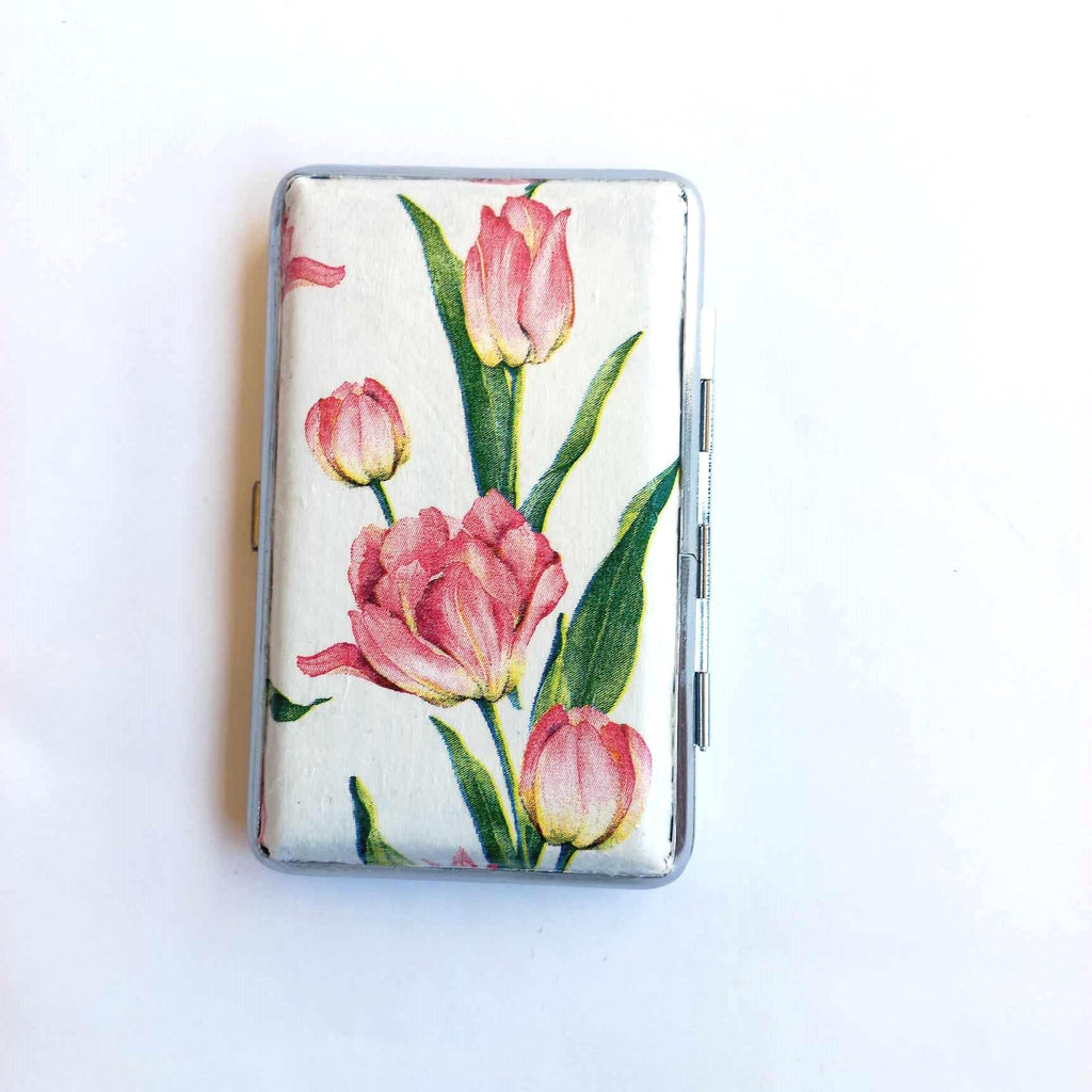 Pink tulips cigarrette case, 100s slim cigarette box, Gentle floral pattern case, business card case for her, dragonfly and flowers box