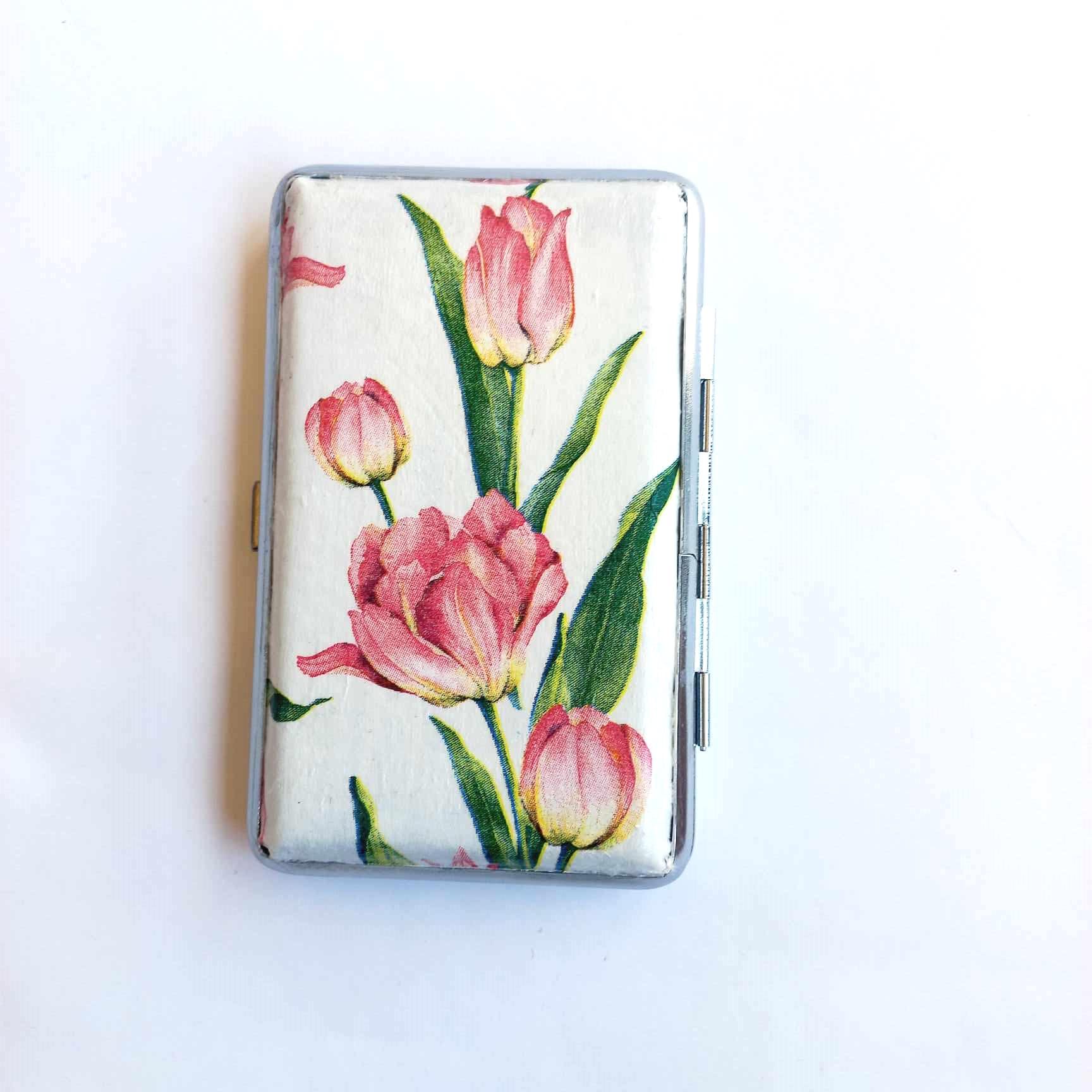 Pink tulips cigarrette case, 100s slim cigarette box, Gentle floral pattern case, business card case for her, dragonfly and flowers box
