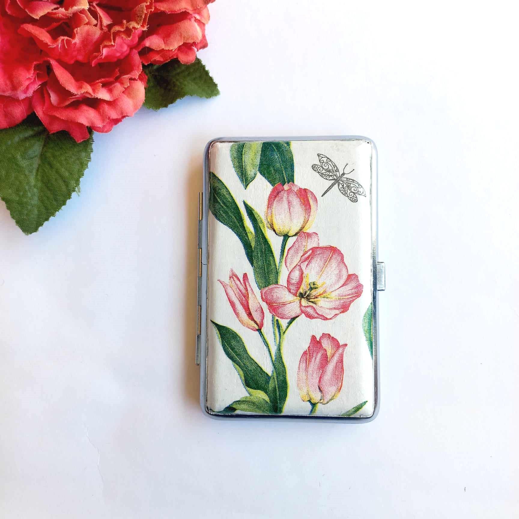 Pink tulips cigarrette case, 100s slim cigarette box, Gentle floral pattern case, business card case for her, dragonfly and flowers box