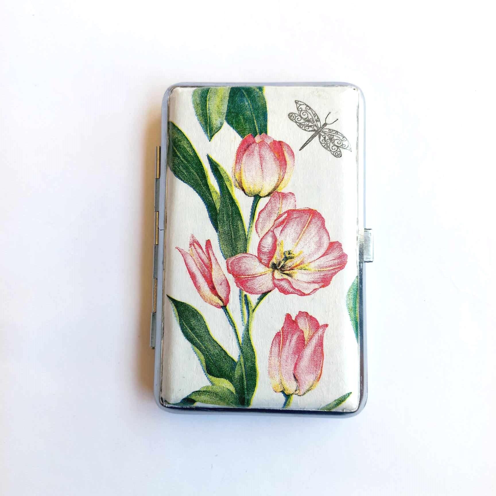 Pink tulips cigarrette case, 100s slim cigarette box, Gentle floral pattern case, business card case for her, dragonfly and flowers box