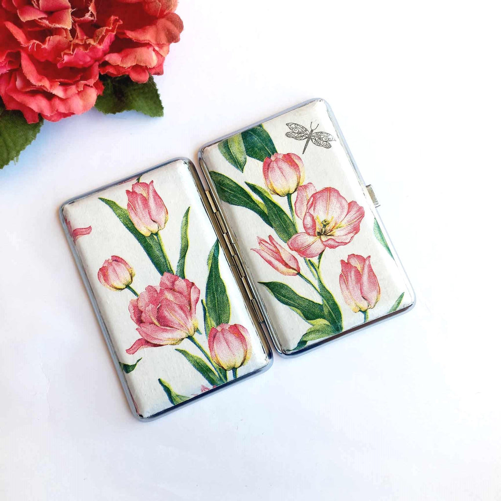 Pink tulips cigarrette case, 100s slim cigarette box, Gentle floral pattern case, business card case for her, dragonfly and flowers box