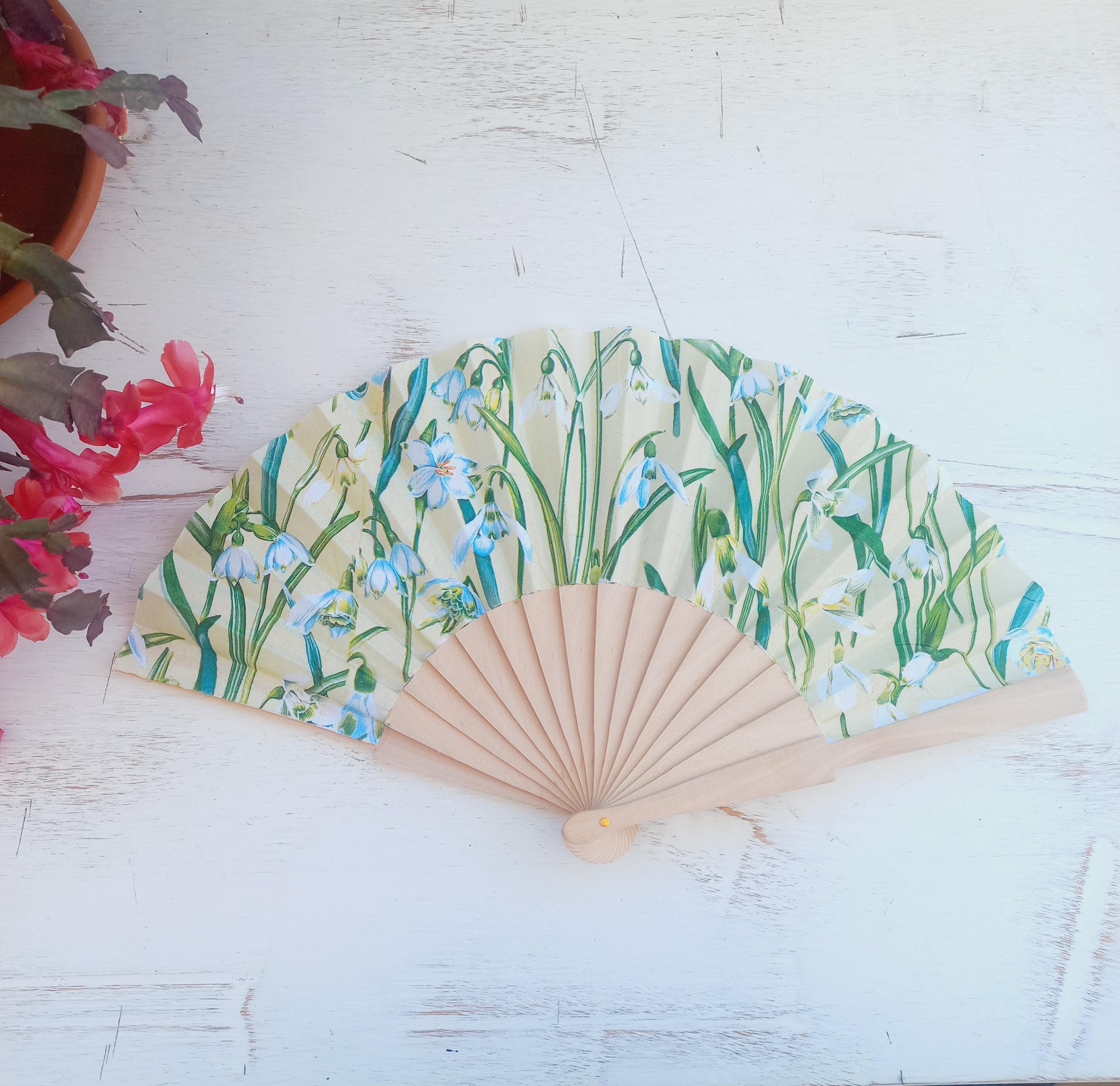 Snowdrops Hand Fan, Floral Holding Fan, Spring Evening or Wedding Acessory, Spanish Hand Fan, winter blossom hand fan,  gift for mom