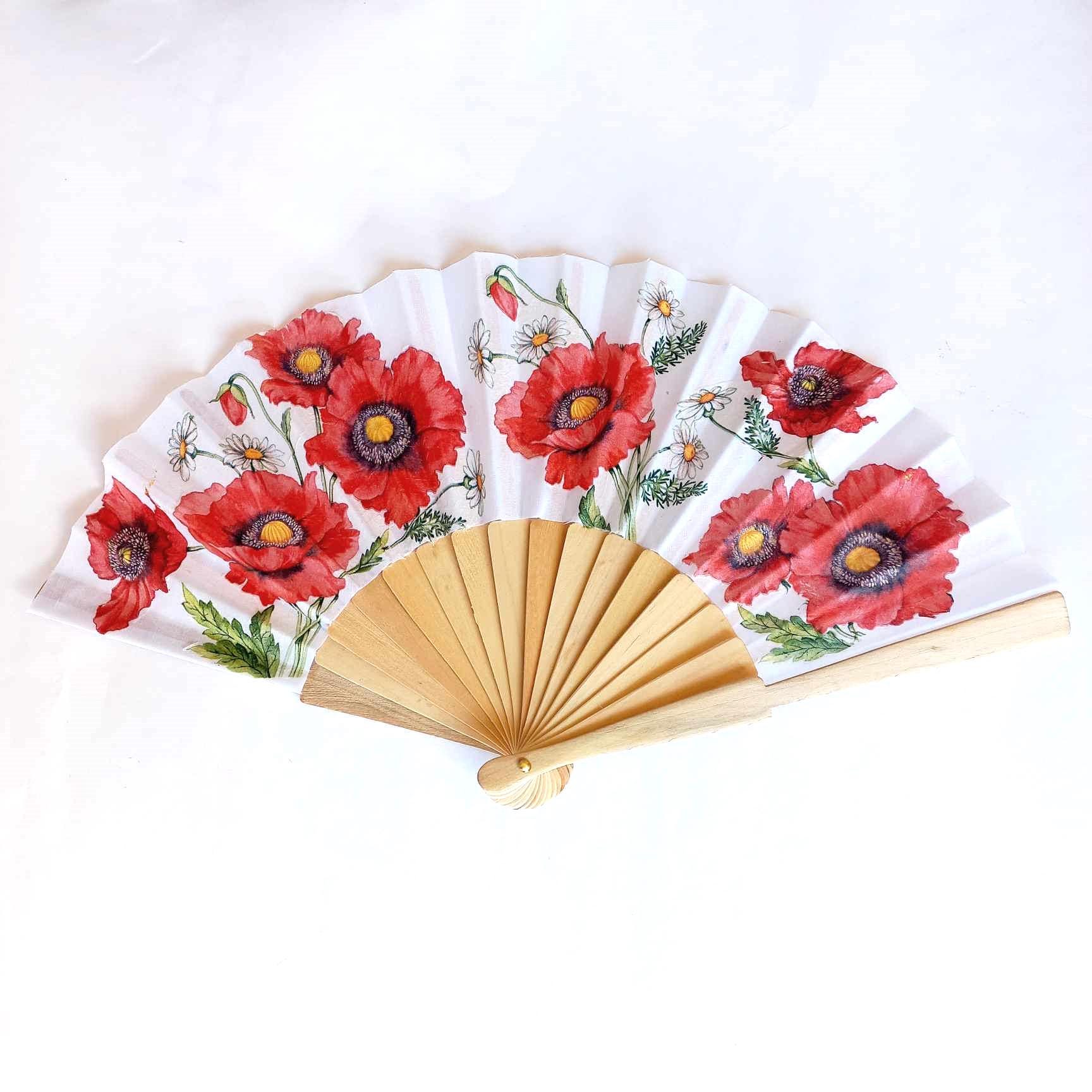 Poppy flower hand fan, red wild poppy folding fan, wedding accesory, elegant hand fan, scallop handheld fan, floral gift for bride