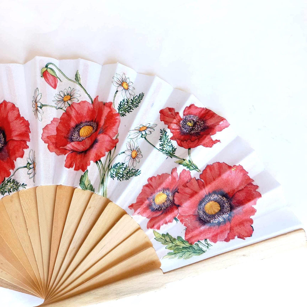 Poppy flower hand fan, red wild poppy folding fan, wedding accesory, elegant hand fan, scallop handheld fan, floral gift for bride