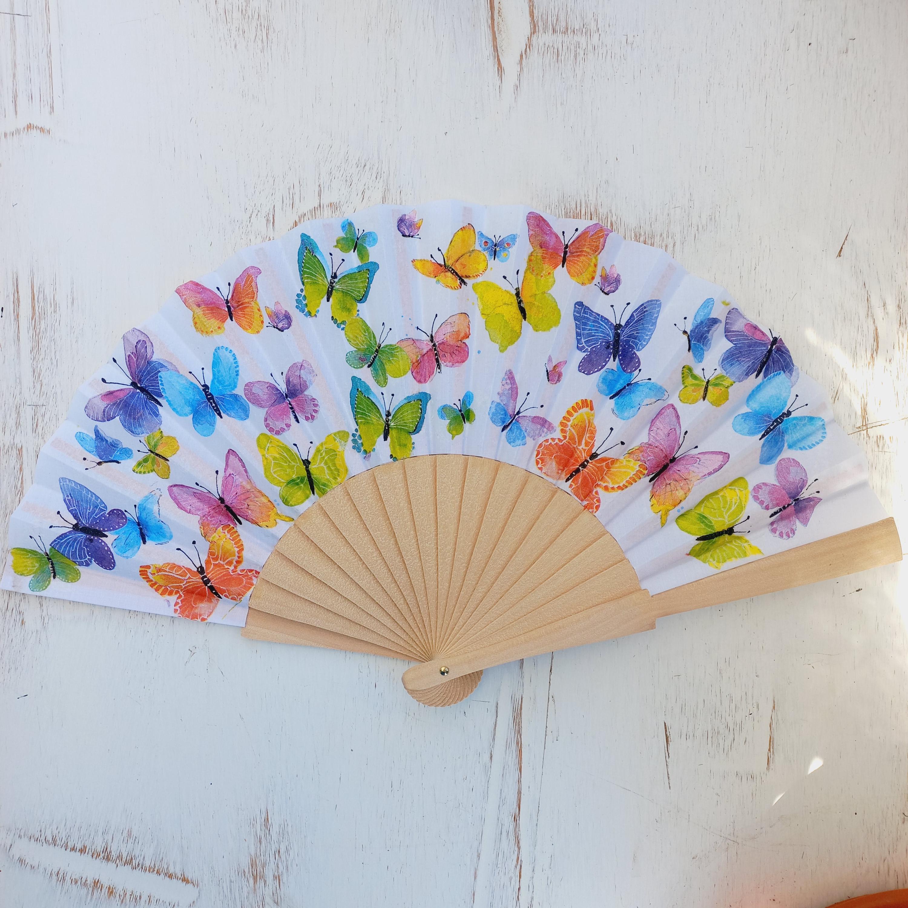 Colorful butterflies Hand Fan, rainbow  Holding Fan, Wedding Dress Accessory, Spanish Hand Fan, gift for mom, LGBT hand fan, bride hand fan