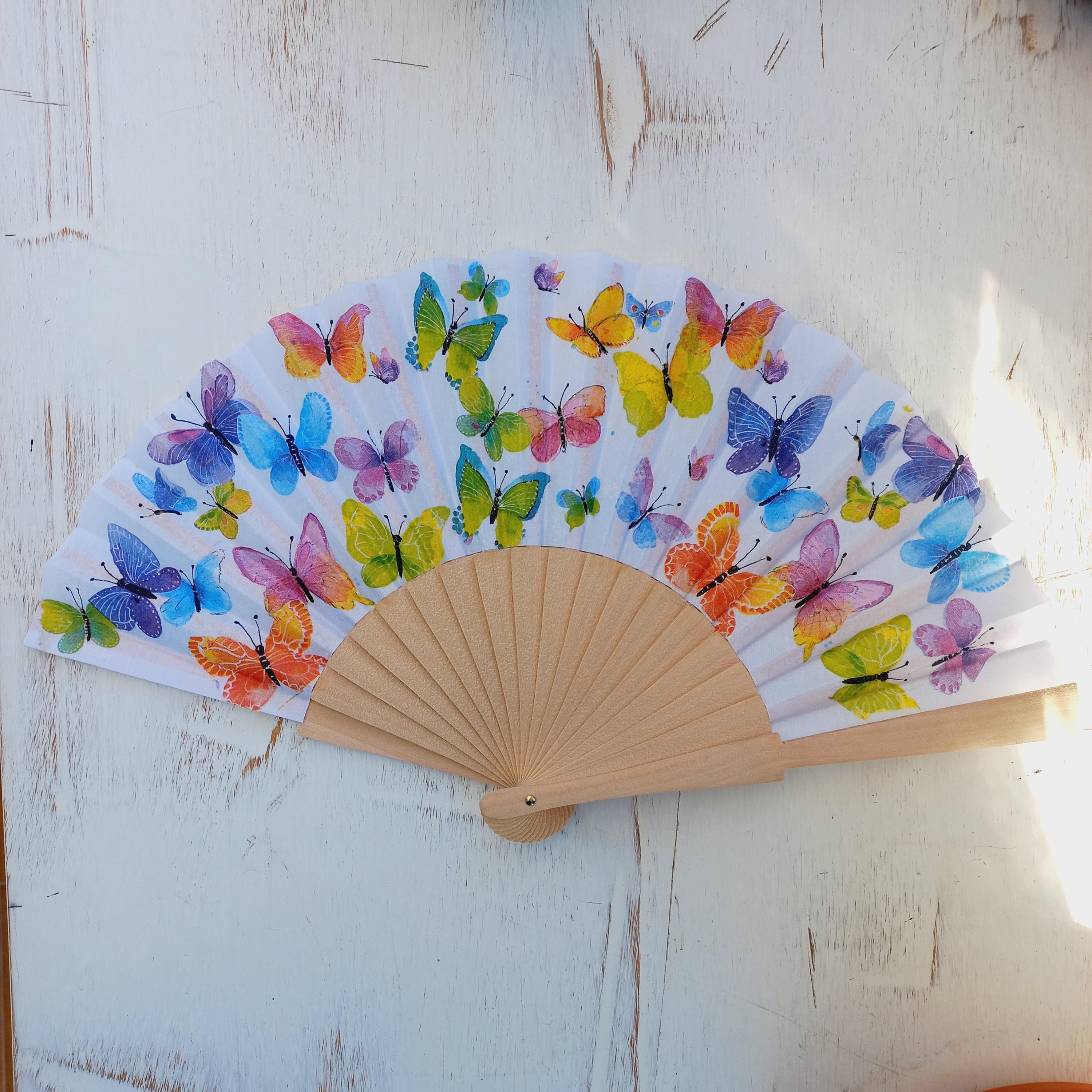 Colorful butterflies Hand Fan, rainbow  Holding Fan, Wedding Dress Accessory, Spanish Hand Fan, gift for mom, LGBT hand fan, bride hand fan