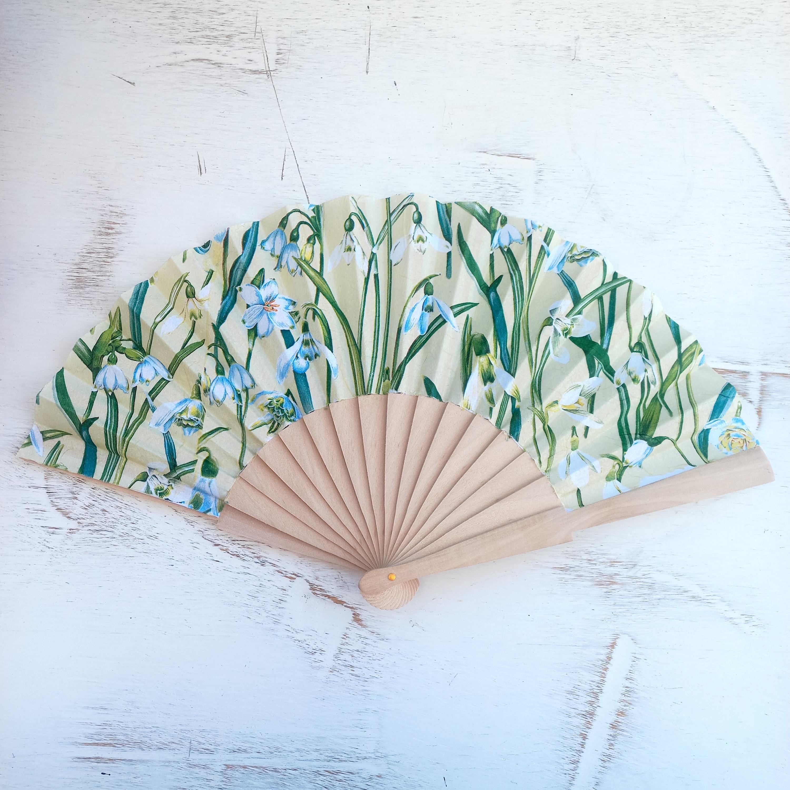 Snowdrops Hand Fan, Floral Holding Fan, Spring Evening or Wedding Acessory, Spanish Hand Fan, winter blossom hand fan,  gift for mom