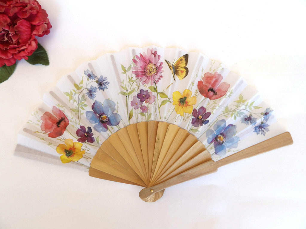 Wild flowers Hand Fan, Floral Holding Fan, Evening or Wedding Dress Accessory, Spanish Hand Fan, gift for bride, gift for bride mom