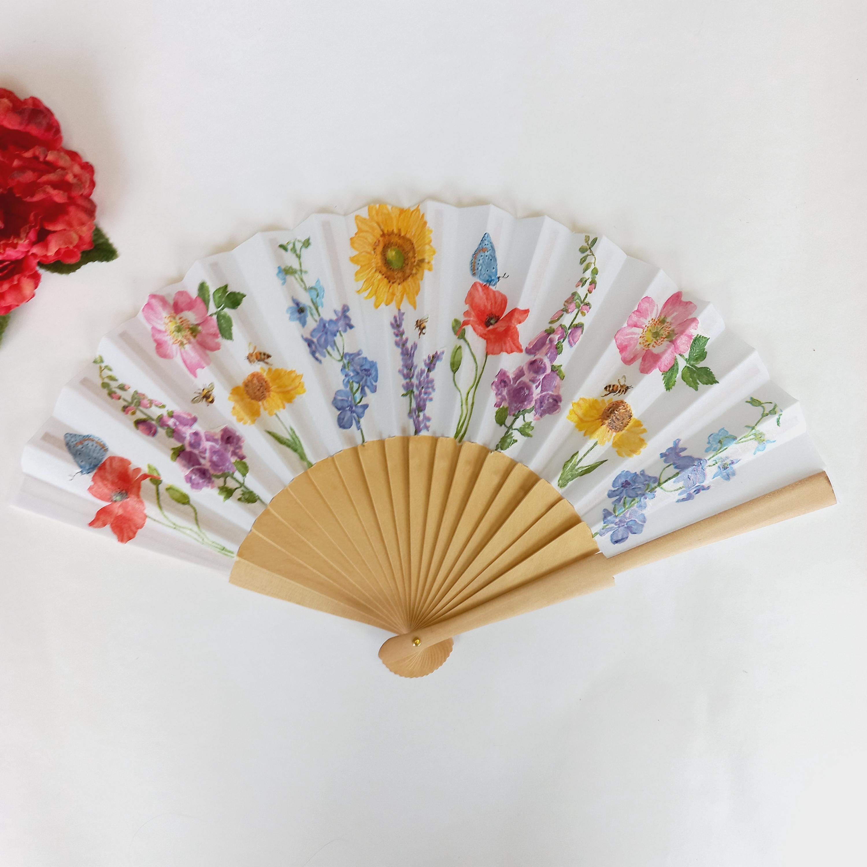 Wild flowers Hand Fan, Floral Holding Fan, Meadow flowers hand fan for woman, Spanish Hand Fan, gift for bride, summer wedding accessory