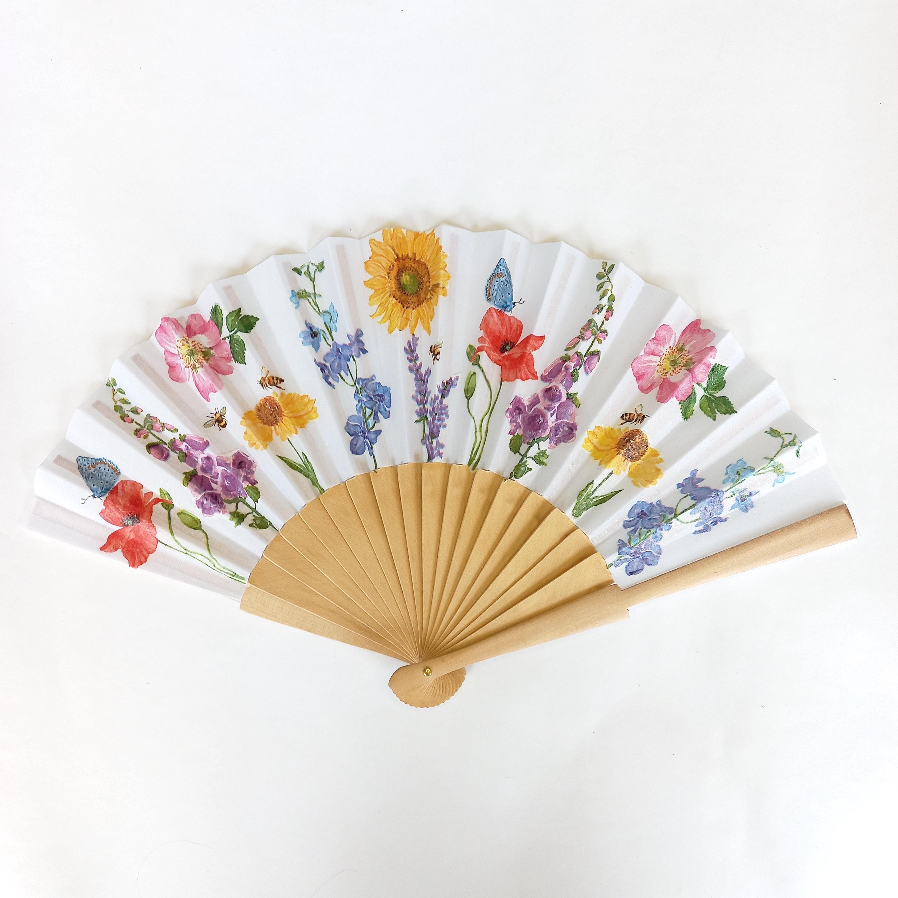 Wild flowers Hand Fan, Floral Holding Fan, Meadow flowers hand fan for woman, Spanish Hand Fan, gift for bride, summer wedding accessory