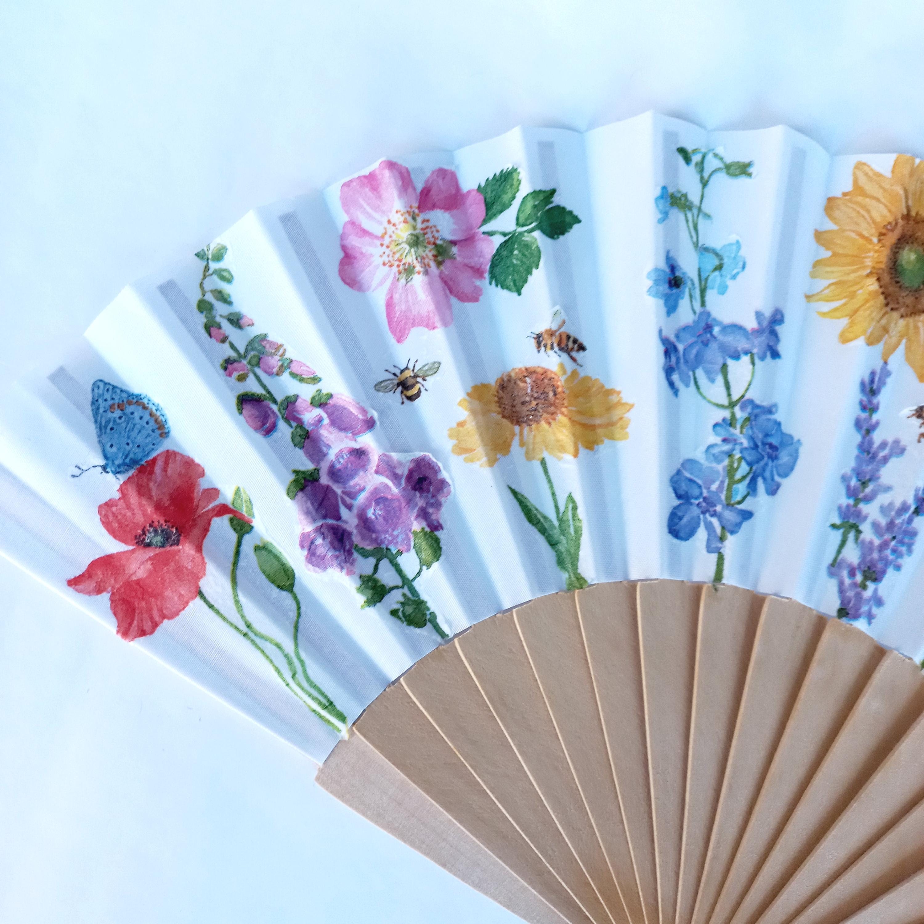 Wild flowers Hand Fan, Floral Holding Fan, Meadow flowers hand fan for woman, Spanish Hand Fan, gift for bride, summer wedding accessory