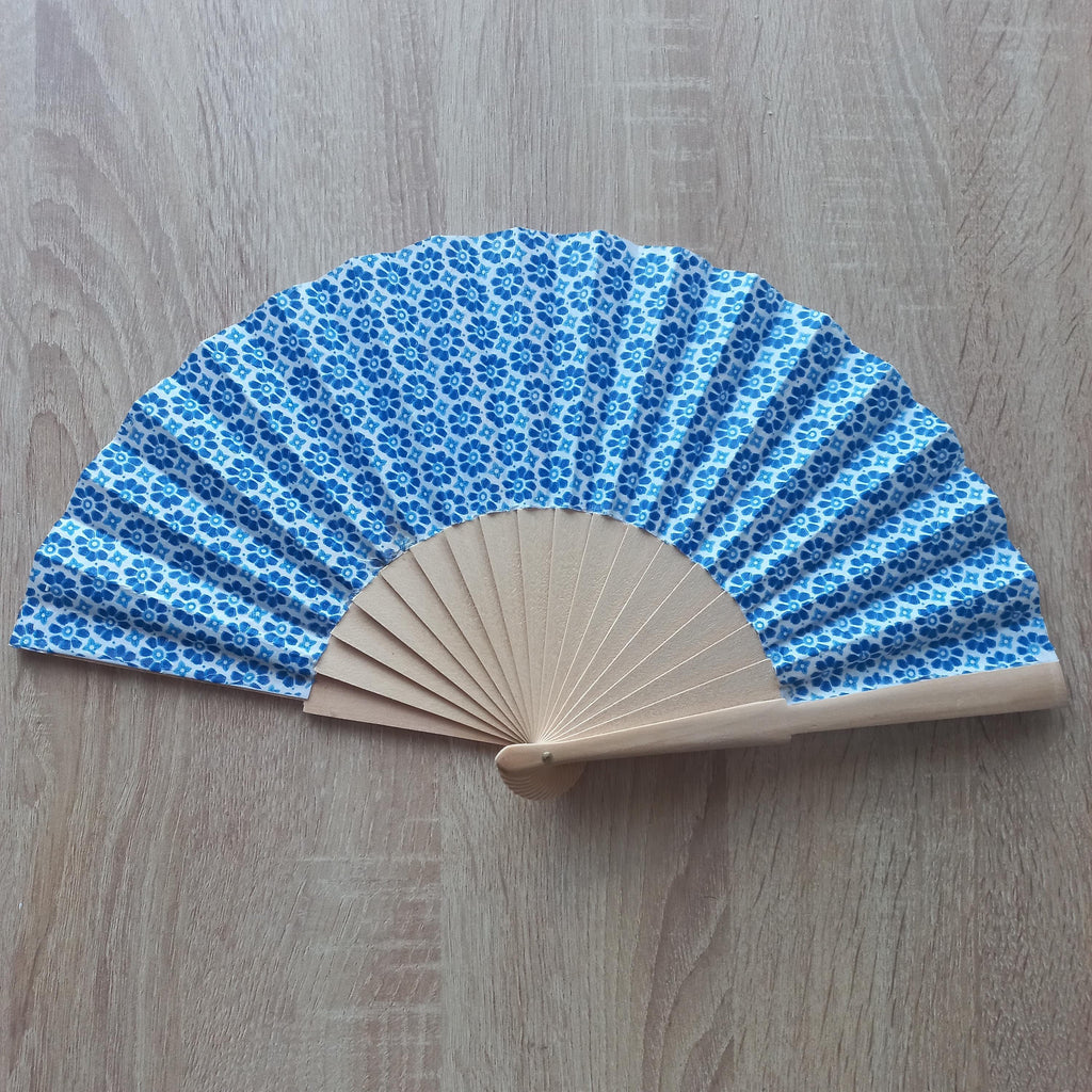 Mediterranean Blue Hand Fan, Floral Holding Fan, Wedding Day Accessory, Spanish Hand Fan, Something blue for bride, gift for mom