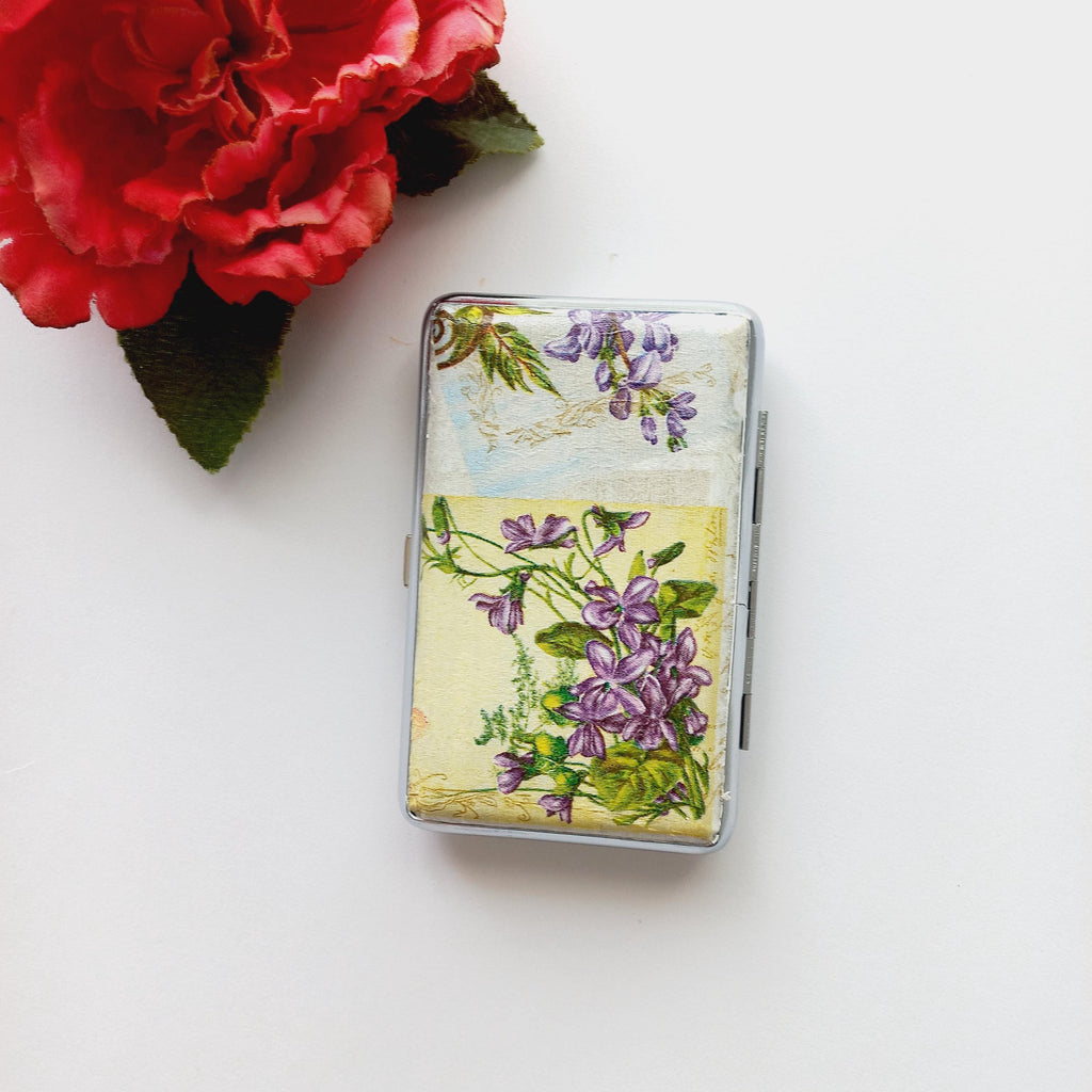 Slim Cigarrette Case with Daisy, Floral Box, Business Card Case, Gift for Smokers, Elegant, Credit Card Case, Bag Purse with Violets