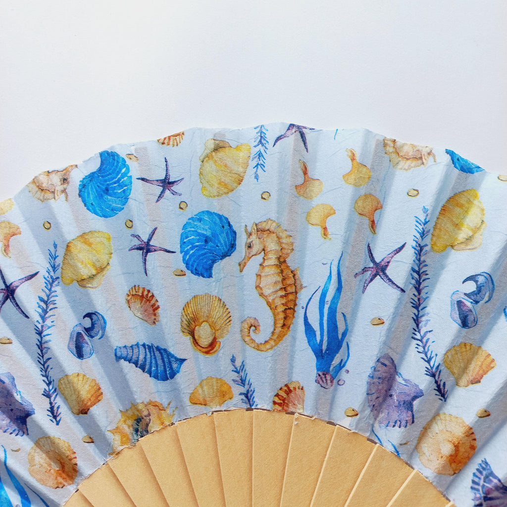 Hand Fan for Beach wedding, Folding Fan with Shells and Sea Horse, Nautical Wedding Hand Fan, Scllop Handheld fan, Summer Accessory
