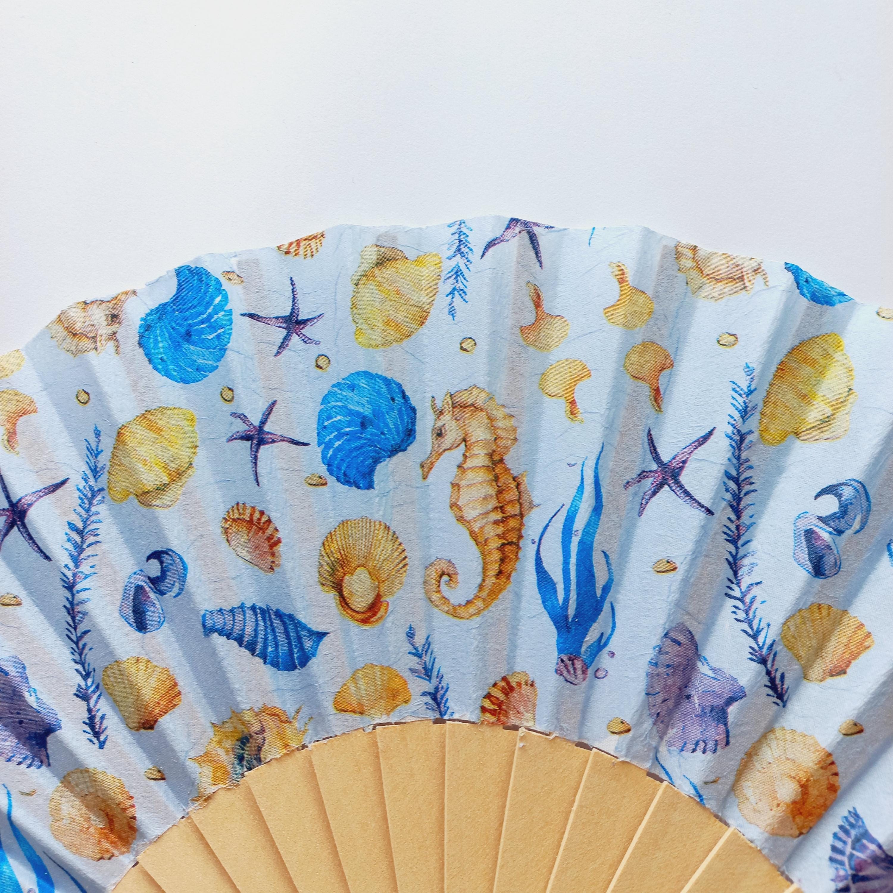 Hand Fan for Beach wedding, Folding Fan with Shells and Sea Horse, Nautical Wedding Hand Fan, Scllop Handheld fan, Summer Accessory