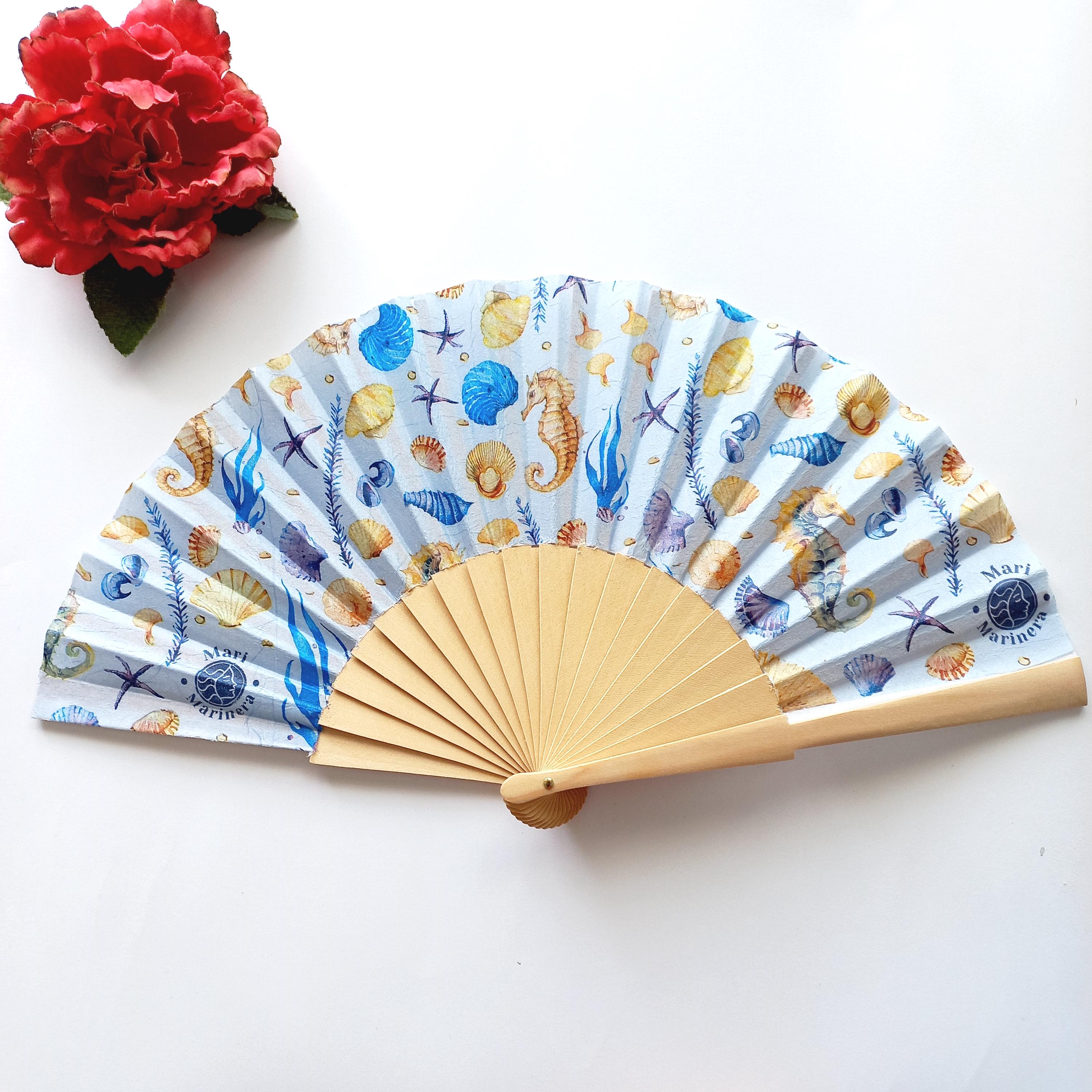 Hand Fan for Beach wedding, Folding Fan with Shells and Sea Horse, Nautical Wedding Hand Fan, Scllop Handheld fan, Summer Accessory