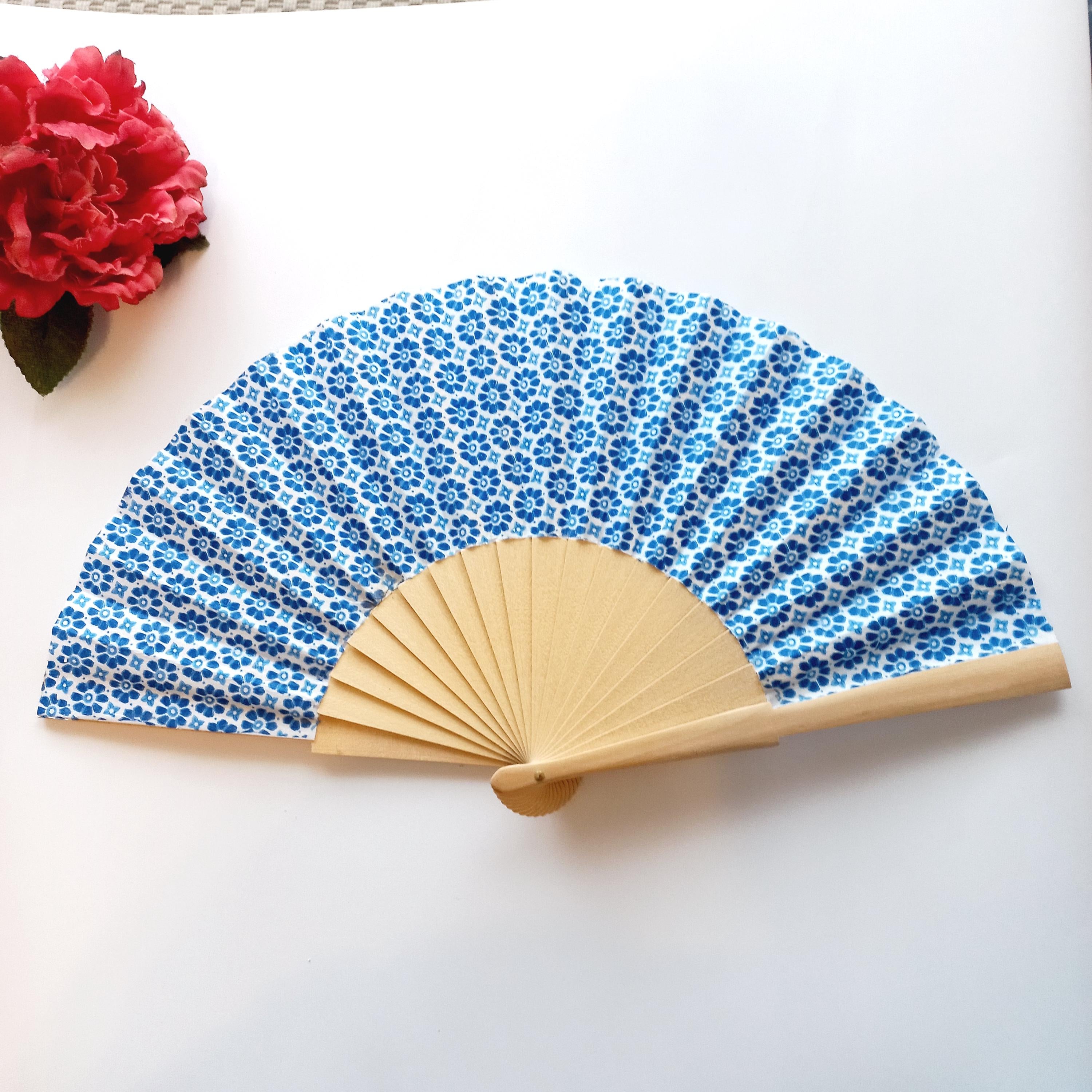 Mediterranean Blue Hand Fan, Floral Holding Fan, Wedding Day Accessory, Spanish Hand Fan, Something blue for bride, gift for mom
