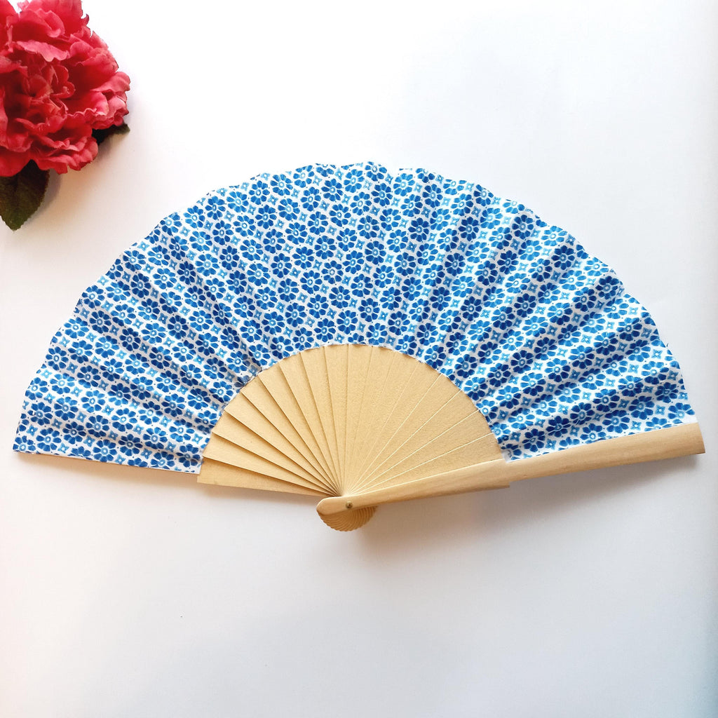 Mediterranean Blue Hand Fan, Floral Holding Fan, Wedding Day Accessory, Spanish Hand Fan, Something blue for bride, gift for mom