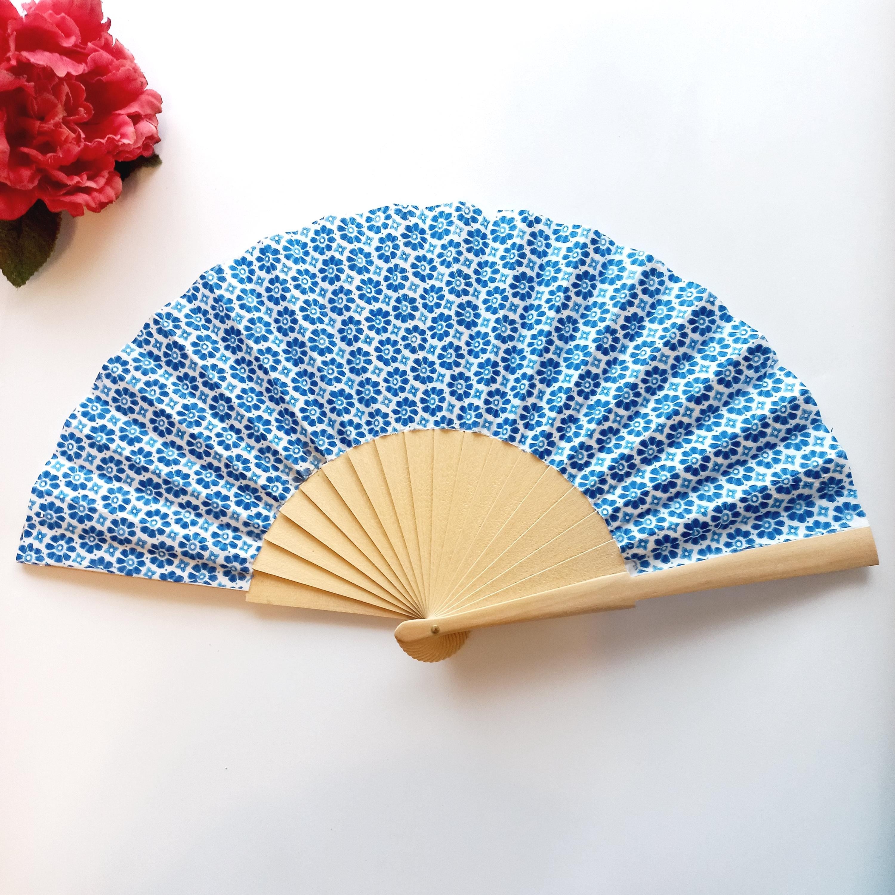 Mediterranean Blue Hand Fan, Floral Holding Fan, Wedding Day Accessory, Spanish Hand Fan, Something blue for bride, gift for mom