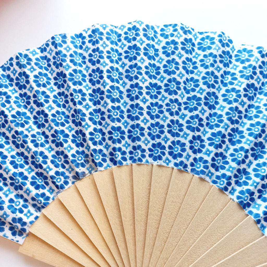 Mediterranean Blue Hand Fan, Floral Holding Fan, Wedding Day Accessory, Spanish Hand Fan, Something blue for bride, gift for mom