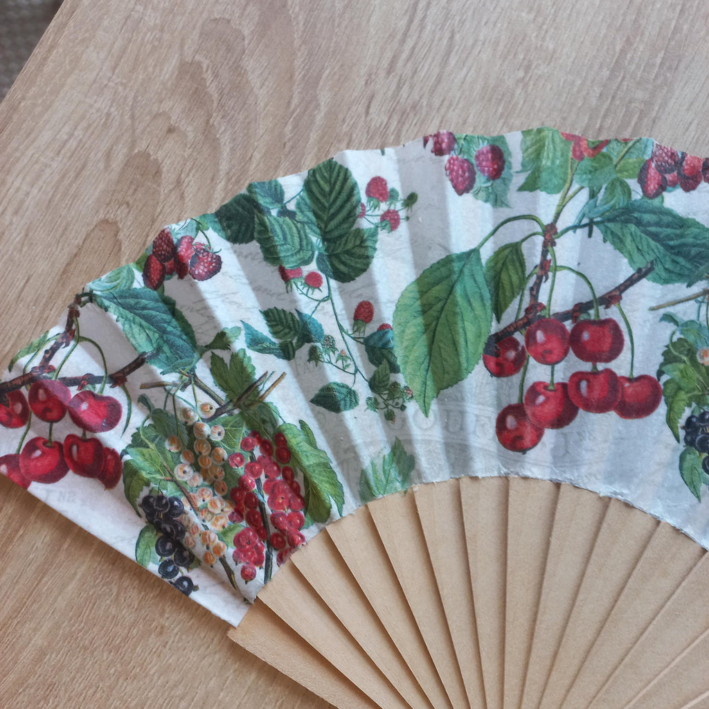 Handmade Fruit Hand Fan: Cherry & Raspberry Design