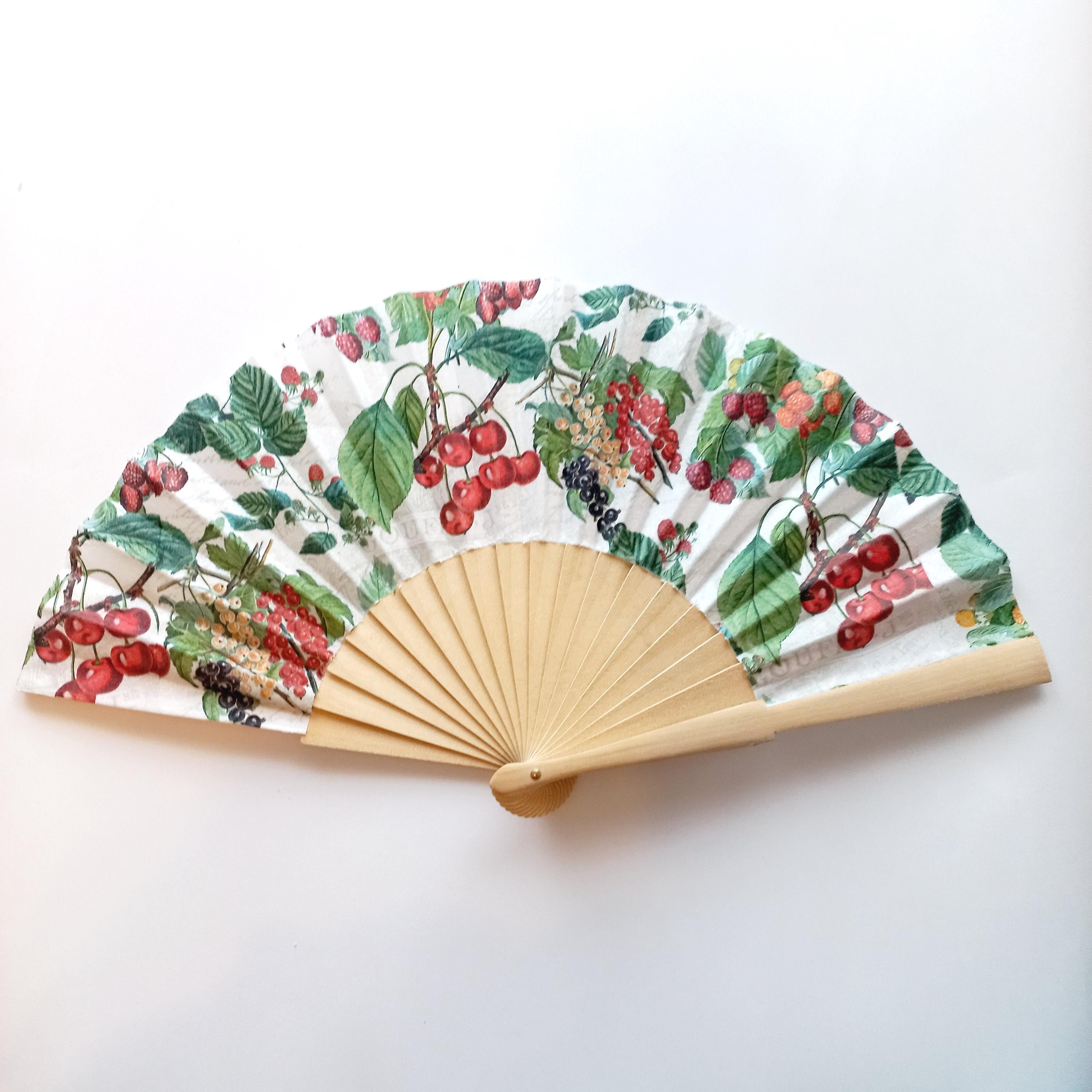 Handmade Fruit Hand Fan: Cherry & Raspberry Design
