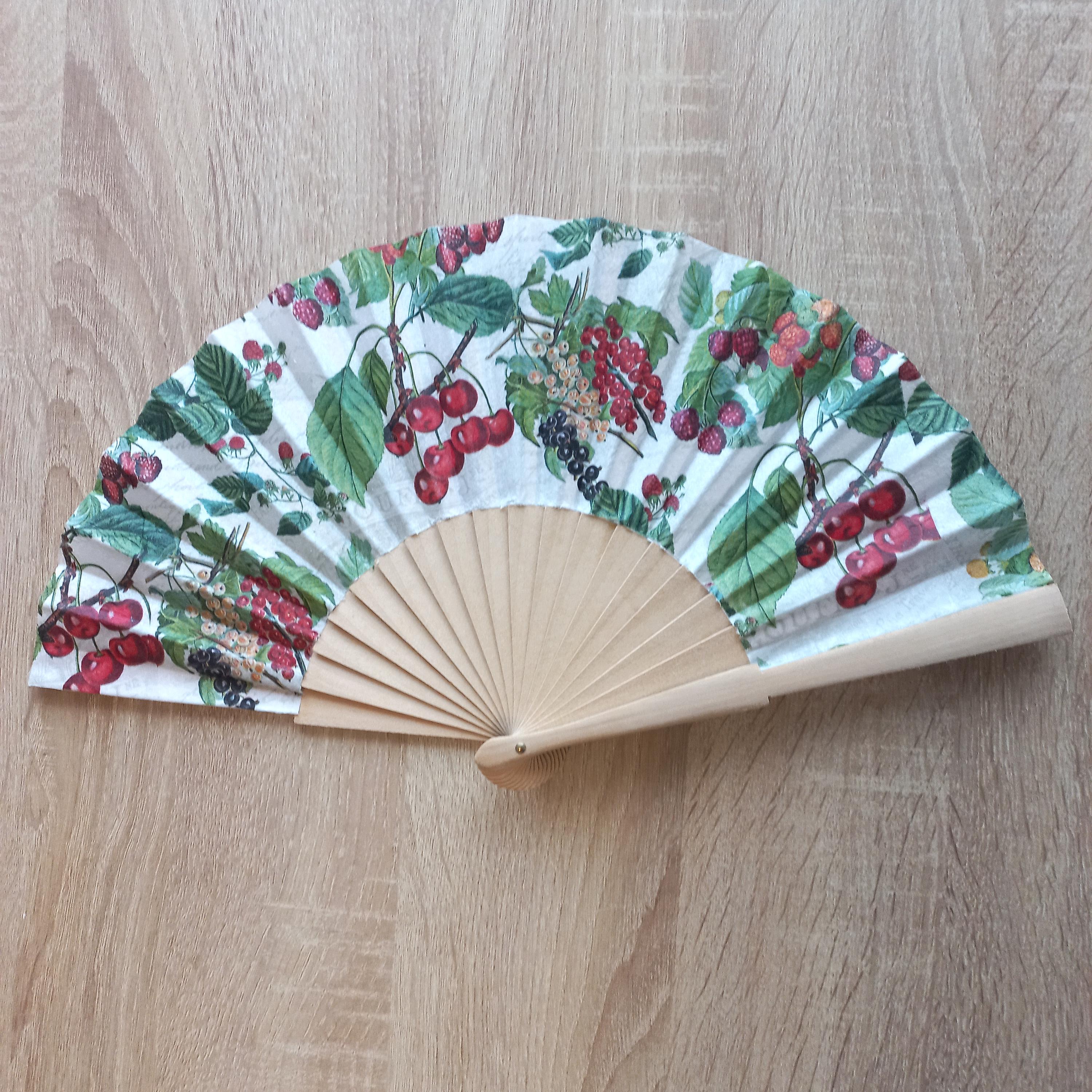 Handmade Fruit Hand Fan: Cherry & Raspberry Design