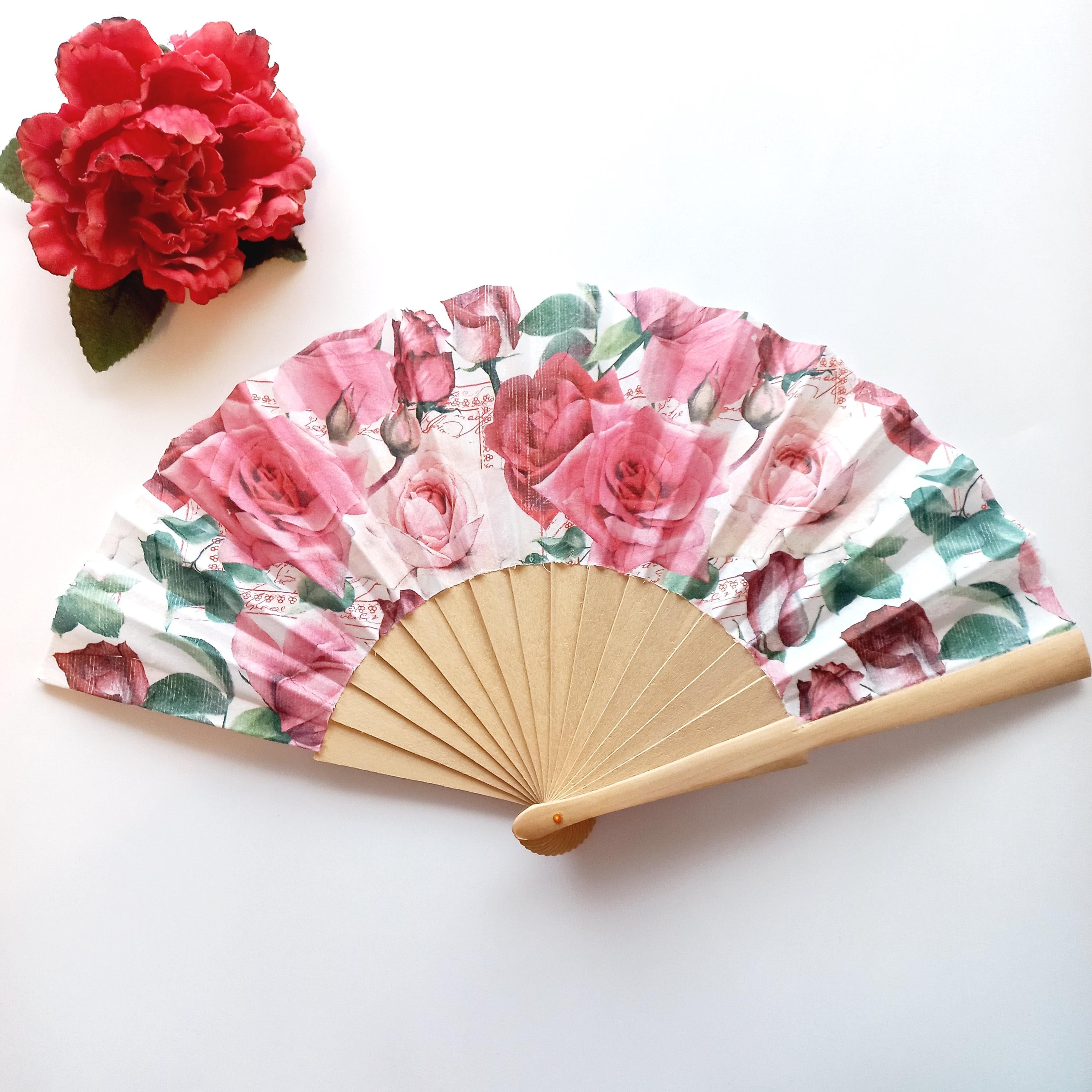 Pink Roses Spanish Hand Fan, Scallop Folding Fashion Accessory, Trendy Wedding Gift, Elegant Wedding Hand Fan
