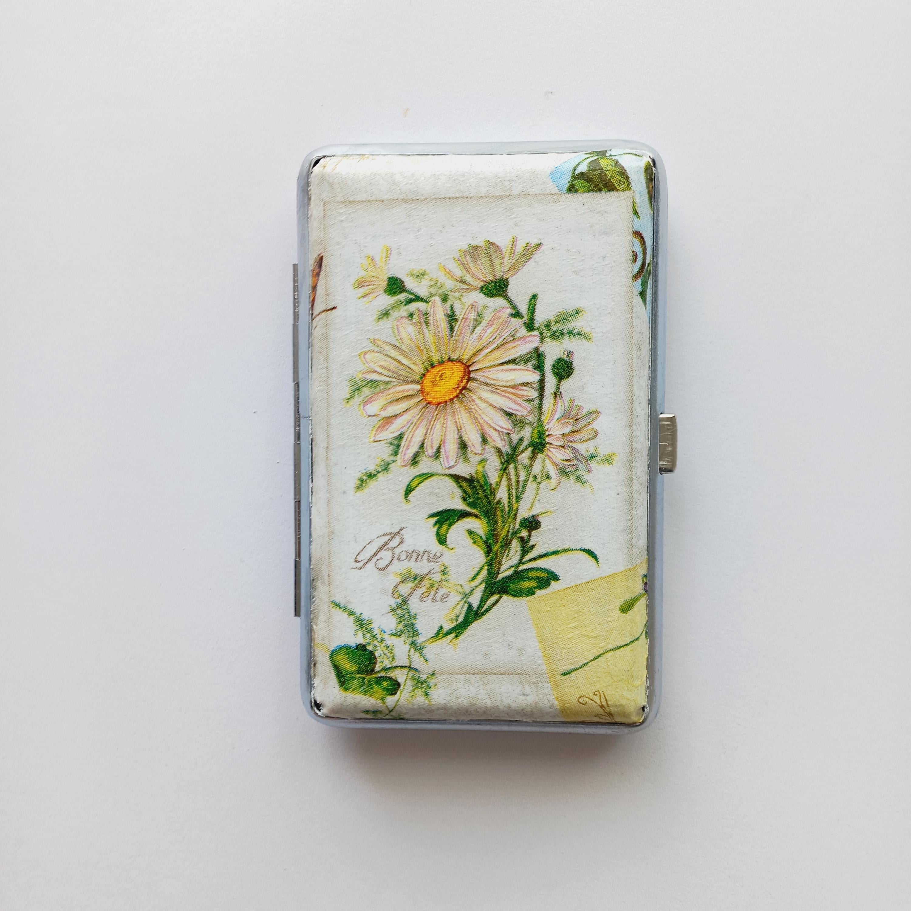 Slim Cigarrette Case with Daisy, Floral Box, Business Card Case, Gift for Smokers, Elegant, Credit Card Case, Bag Purse with Violets