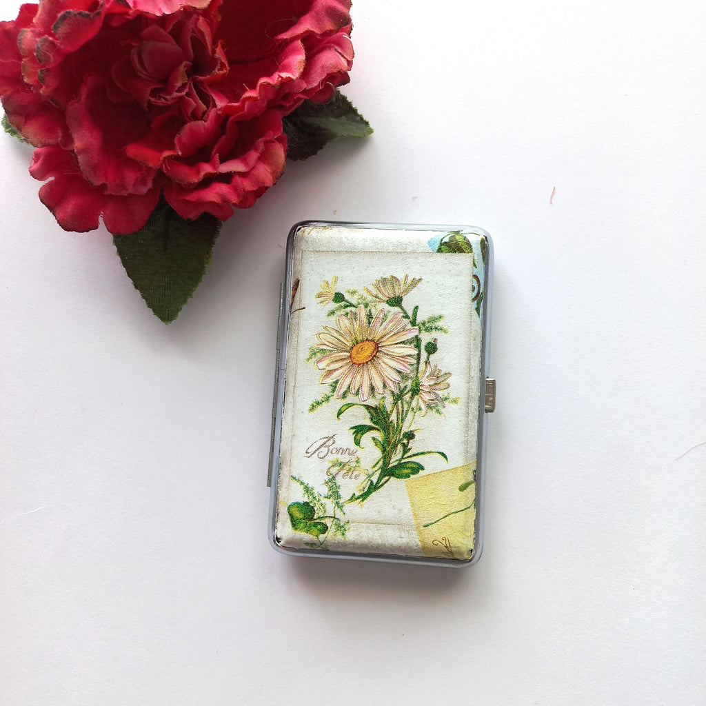 Slim Cigarrette Case with Daisy, Floral Box, Business Card Case, Gift for Smokers, Elegant, Credit Card Case, Bag Purse with Violets