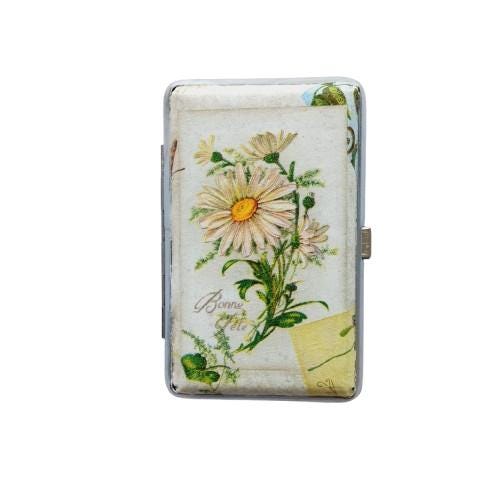 Slim Cigarrette Case with Daisy, Floral Box, Business Card Case, Gift for Smokers, Elegant, Credit Card Case, Bag Purse with Violets