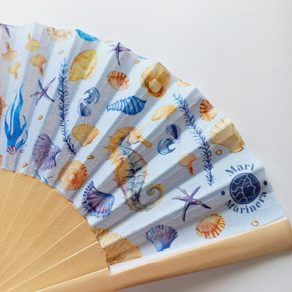 Hand Fan for Beach wedding, Folding Fan with Shells and Sea Horse, Nautical Wedding Hand Fan, Scllop Handheld fan, Summer Accessory