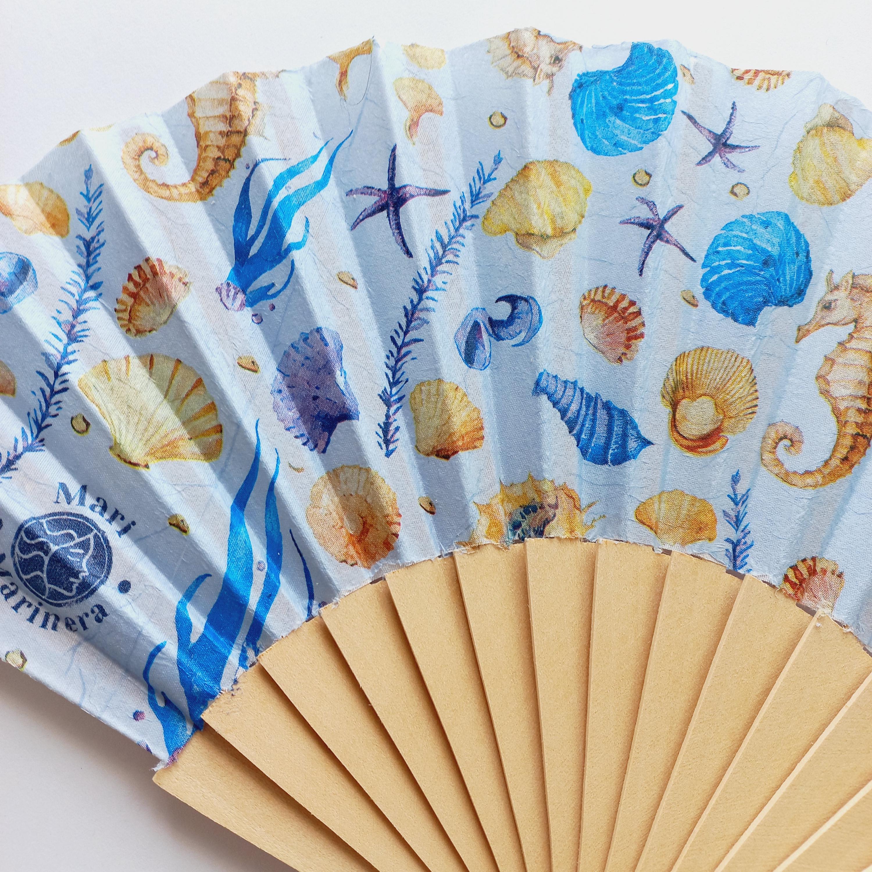 Hand Fan for Beach wedding, Folding Fan with Shells and Sea Horse, Nautical Wedding Hand Fan, Scllop Handheld fan, Summer Accessory