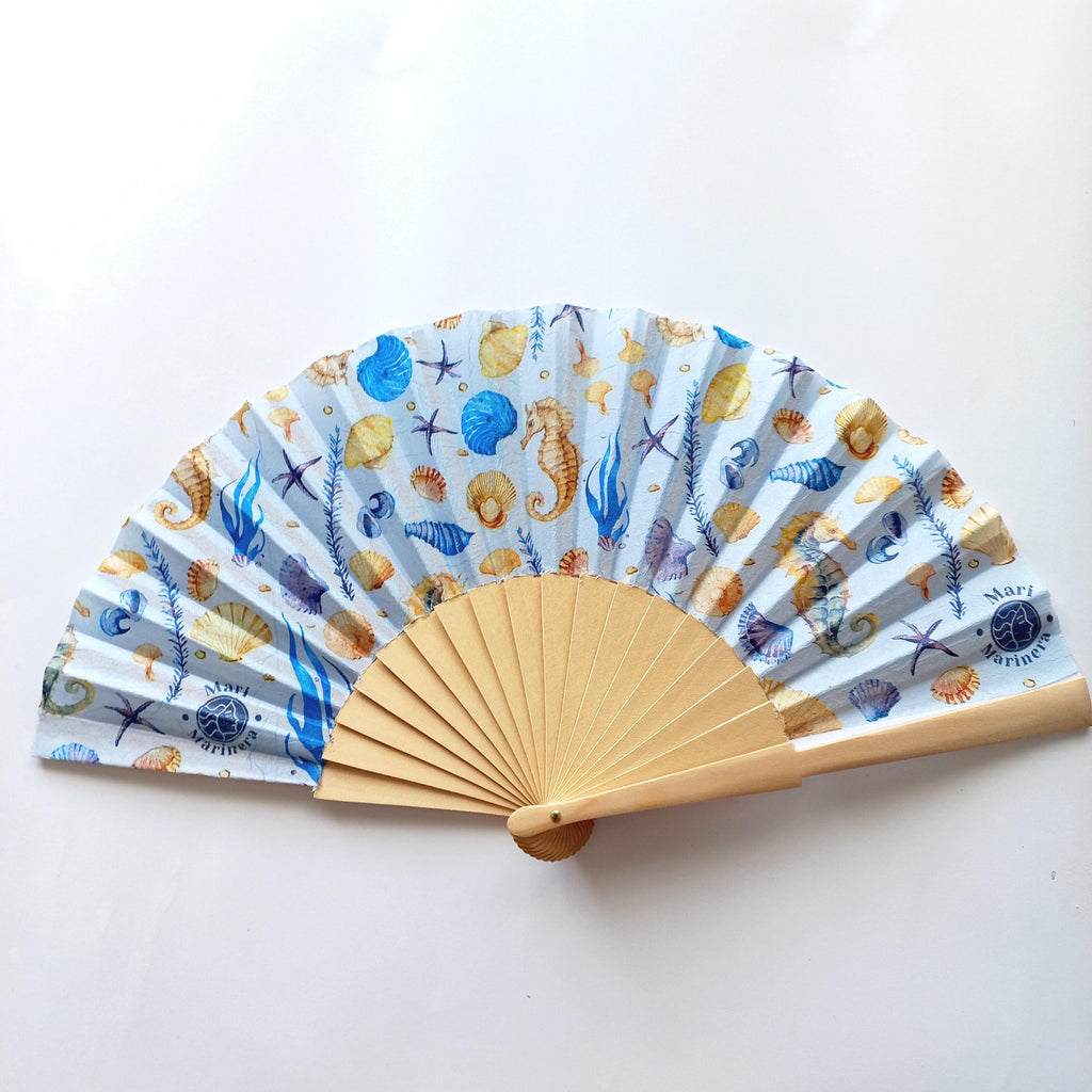 Hand Fan for Beach wedding, Folding Fan with Shells and Sea Horse, Nautical Wedding Hand Fan, Scllop Handheld fan, Summer Accessory