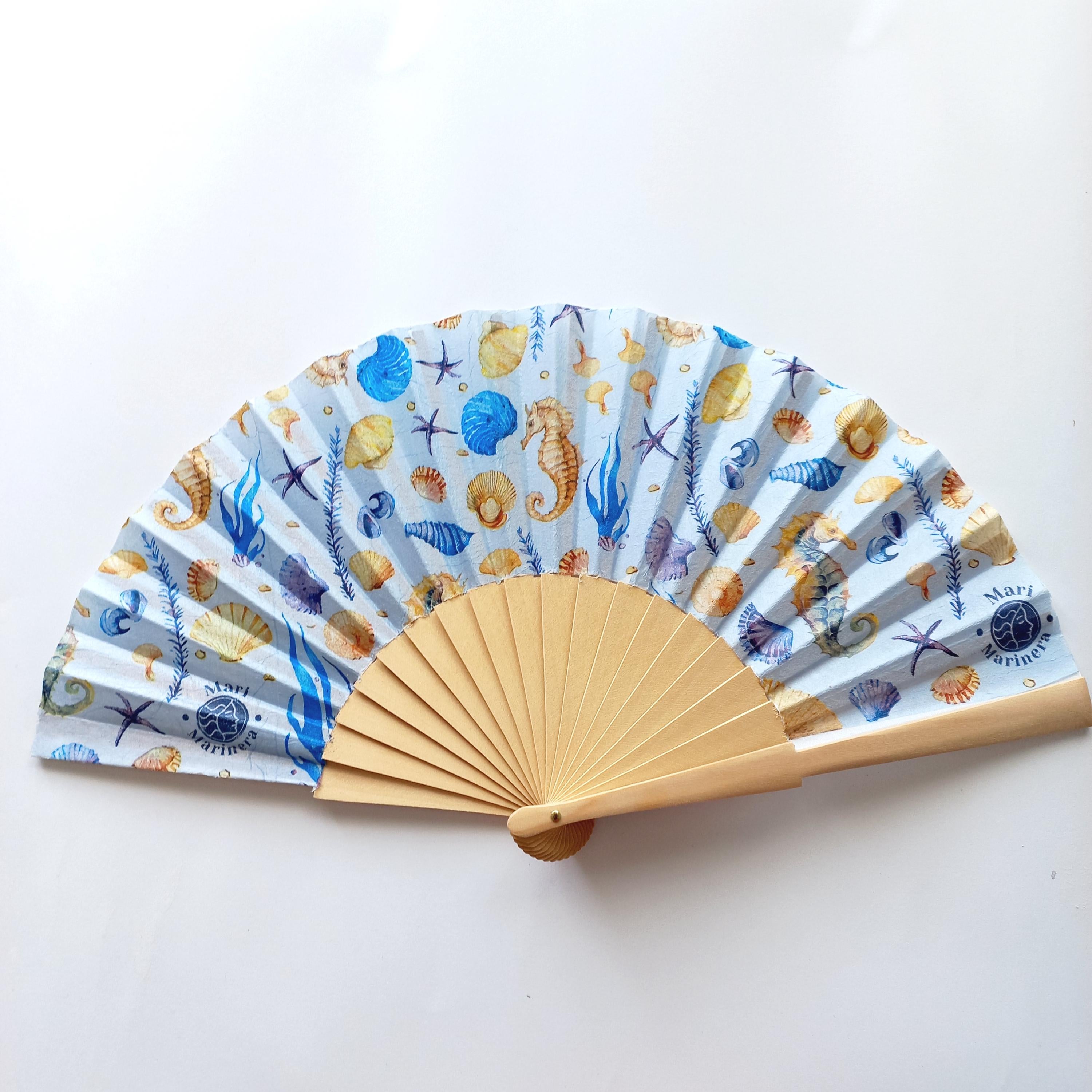 Hand Fan for Beach wedding, Folding Fan with Shells and Sea Horse, Nautical Wedding Hand Fan, Scllop Handheld fan, Summer Accessory