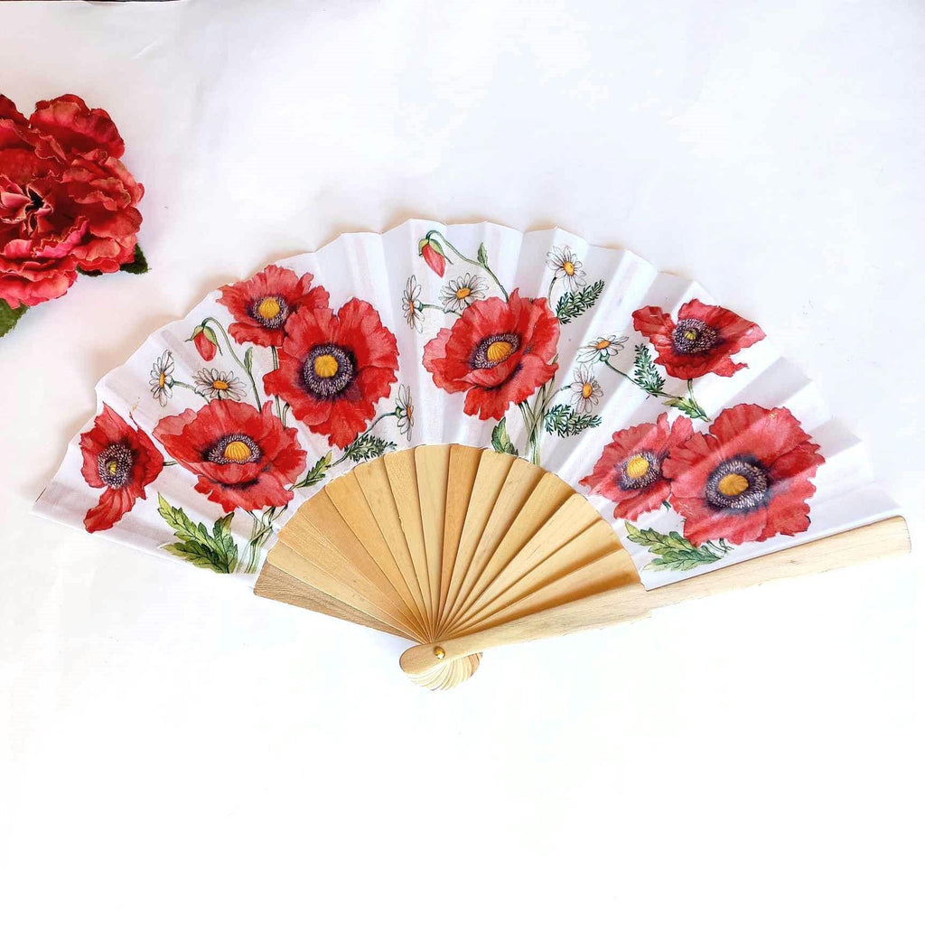 Poppy flower hand fan, red wild poppy folding fan, wedding accesory, elegant hand fan, scallop handheld fan, floral gift for bride