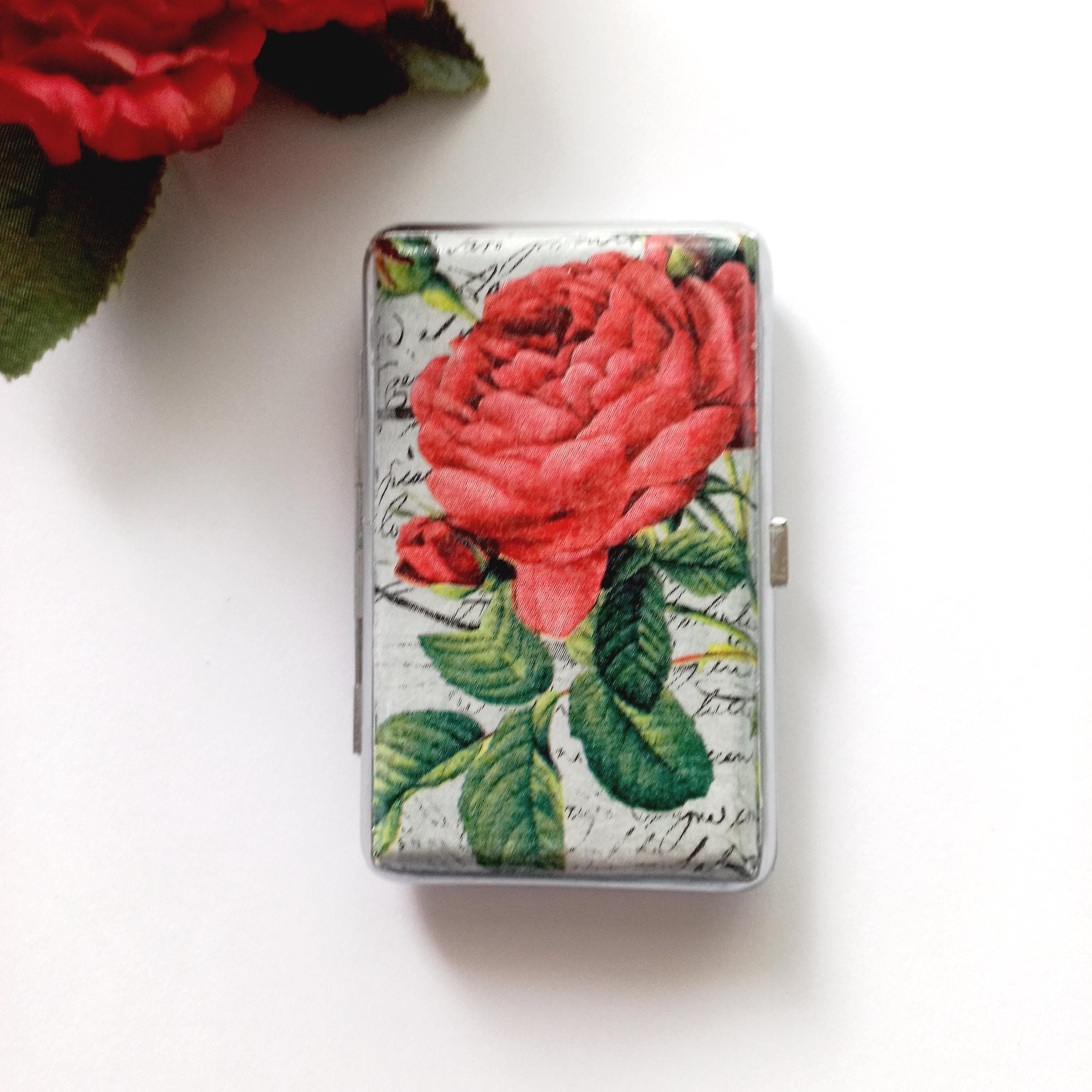 Slim 100 Cigarette Case with Roses, Floral Box, Business Card Case, Gift for Smokers, Elegant Gift for Her, Credit Card Case, Bag Purse