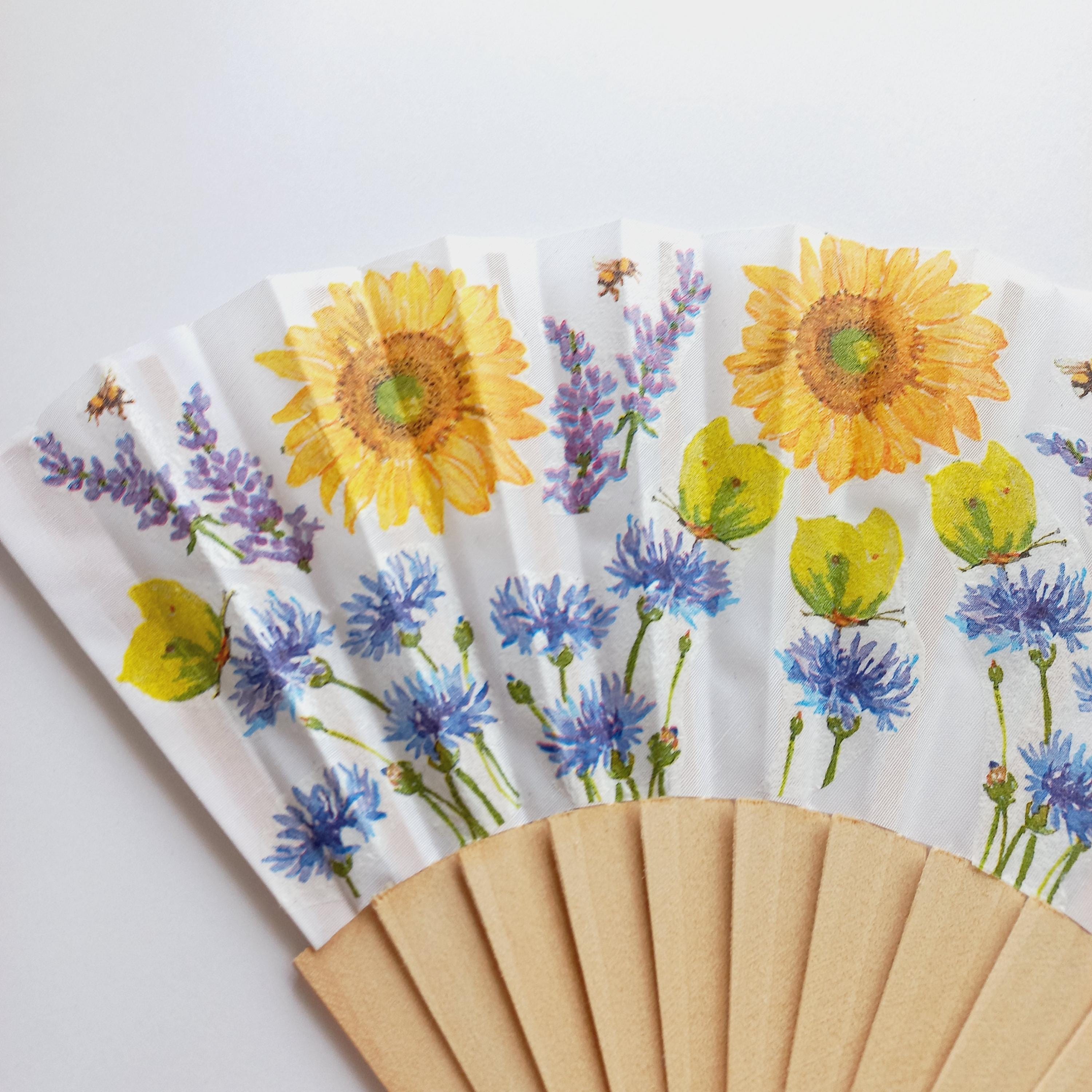 Wild flowers Hand Fan, Lavender and Sunflowers Holding Fan, Meadow flowers hand, Spanish Hand Fan, gift for bride, summer wedding accessory
