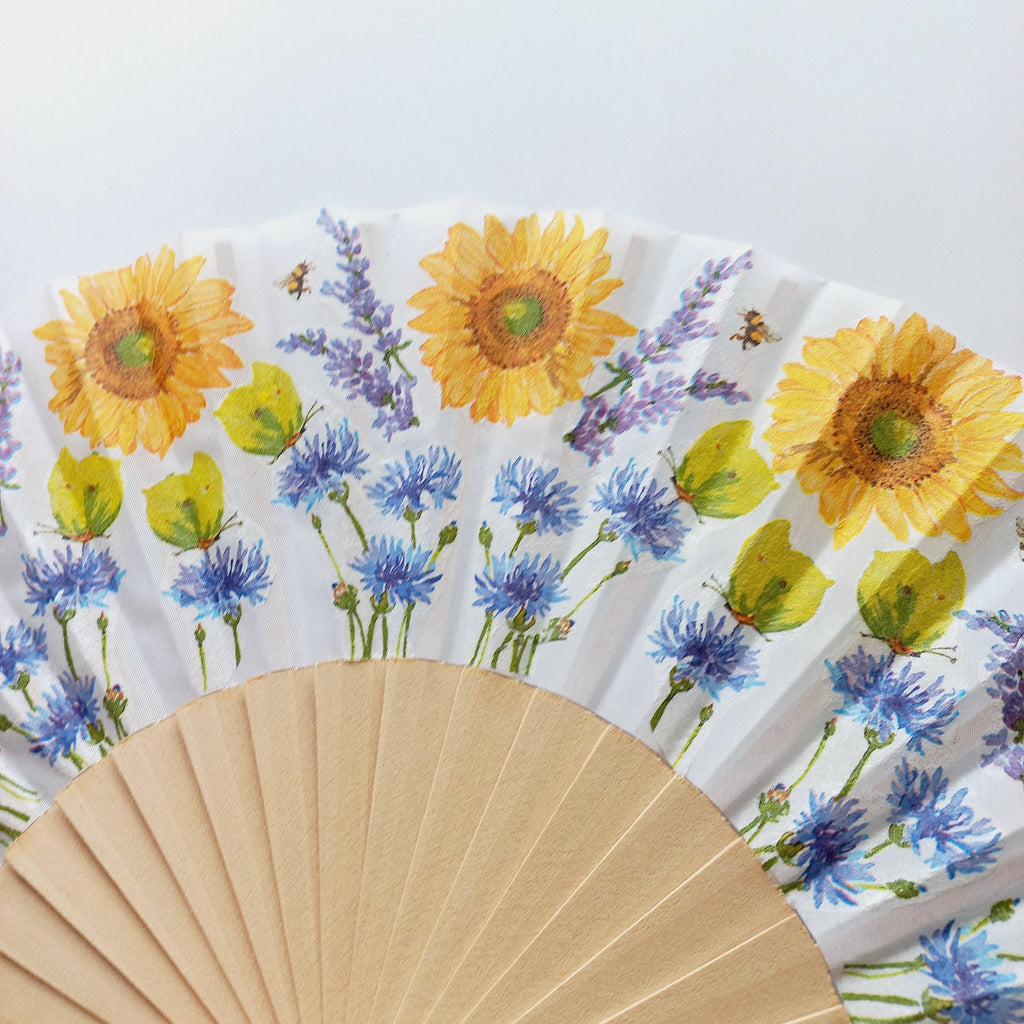 Wild flowers Hand Fan, Lavender and Sunflowers Holding Fan, Meadow flowers hand, Spanish Hand Fan, gift for bride, summer wedding accessory