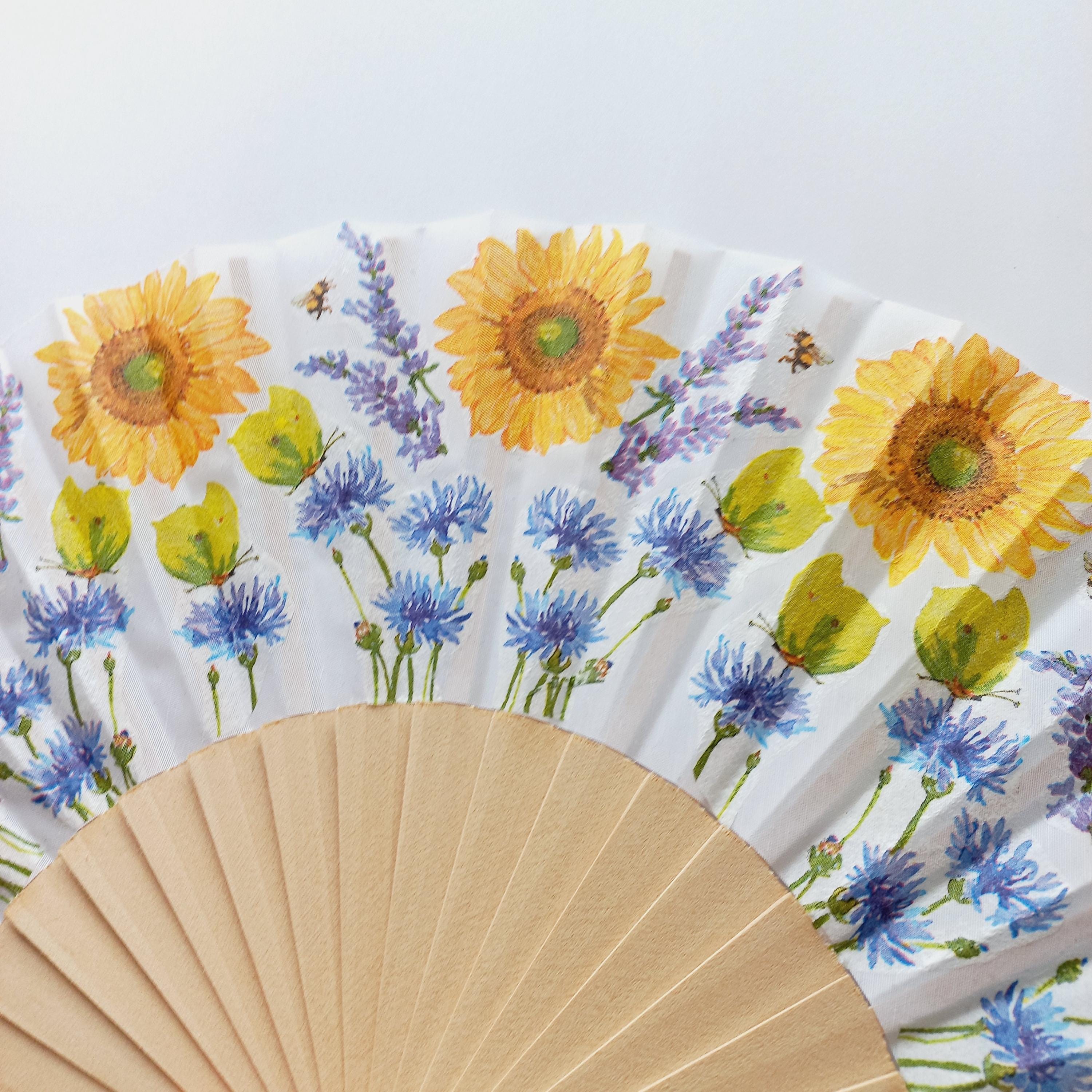 Wild flowers Hand Fan, Lavender and Sunflowers Holding Fan, Meadow flowers hand, Spanish Hand Fan, gift for bride, summer wedding accessory