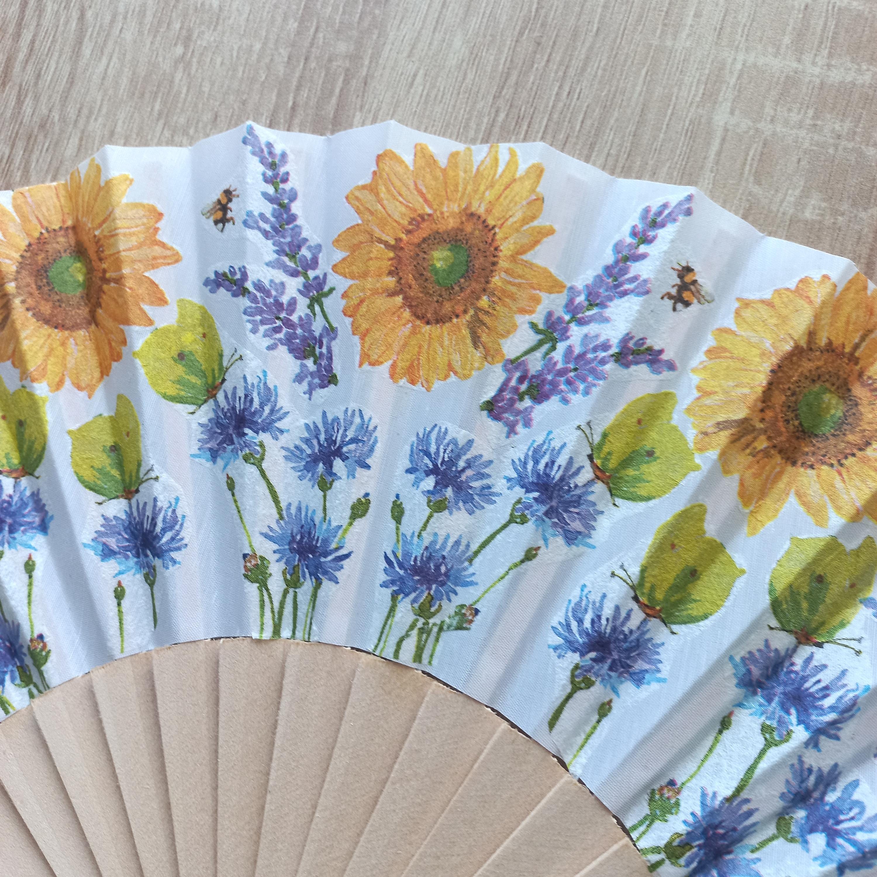 Wild flowers Hand Fan, Lavender and Sunflowers Holding Fan, Meadow flowers hand, Spanish Hand Fan, gift for bride, summer wedding accessory