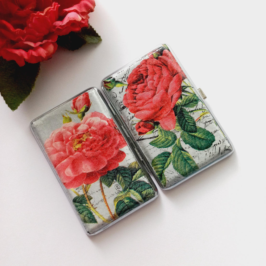 Slim 100 Cigarette Case with Roses, Floral Box, Business Card Case, Gift for Smokers, Elegant Gift for Her, Credit Card Case, Bag Purse