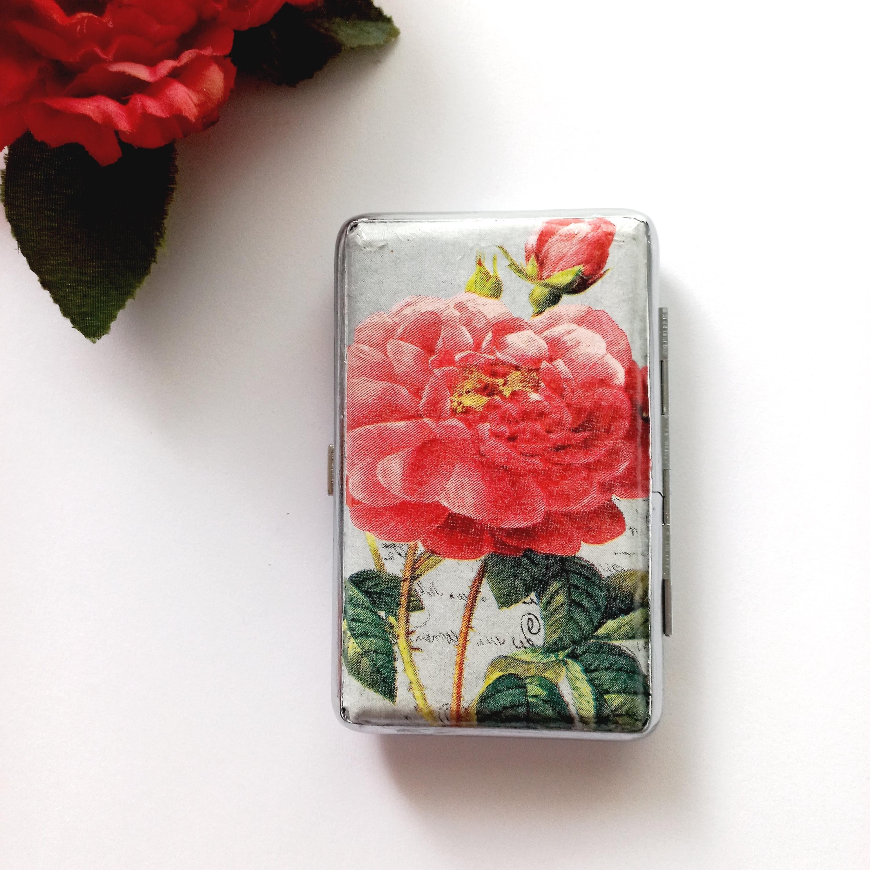 Slim 100 Cigarette Case with Roses, Floral Box, Business Card Case, Gift for Smokers, Elegant Gift for Her, Credit Card Case, Bag Purse