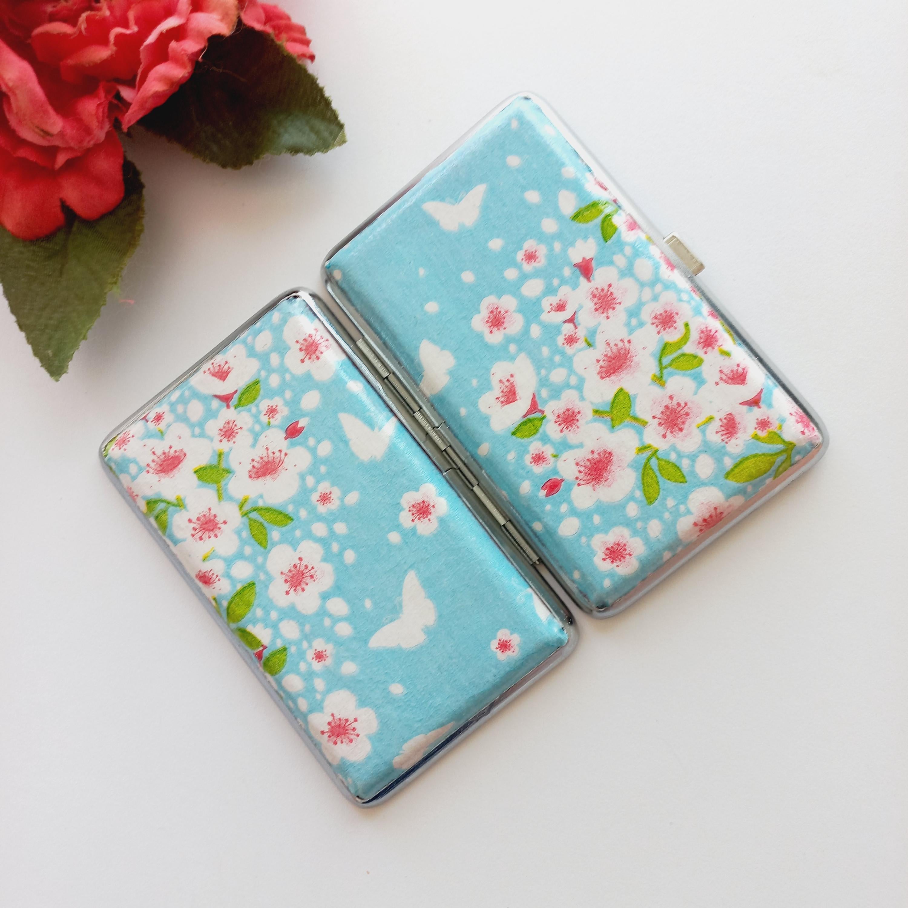 Slim 100 Cigarrette Case with spring blossom, Floral Box, Business Card Case, Gift for Smokers, Gift for Her, Credit Card Case, Bag Purse