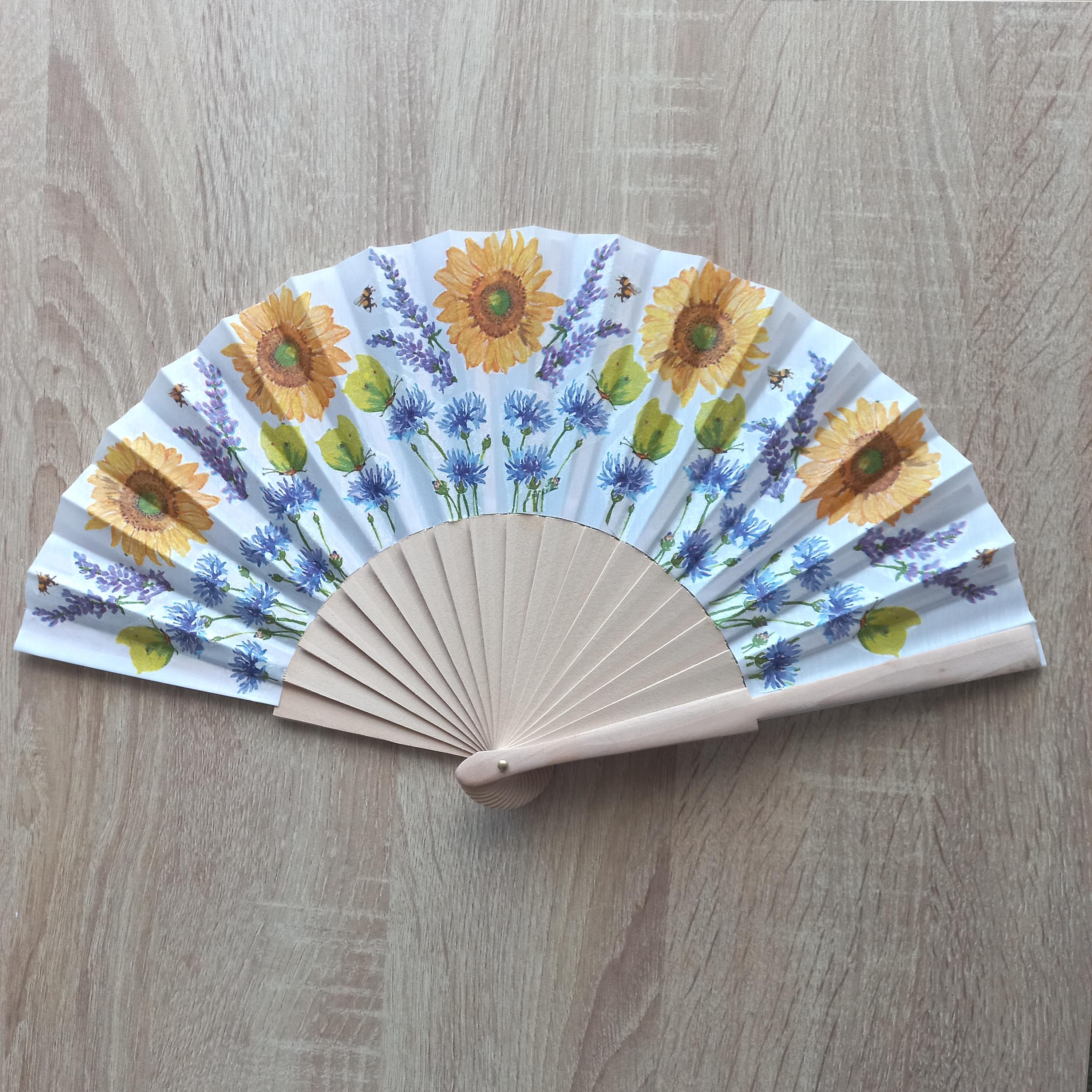 Wild flowers Hand Fan, Lavender and Sunflowers Holding Fan, Meadow flowers hand, Spanish Hand Fan, gift for bride, summer wedding accessory