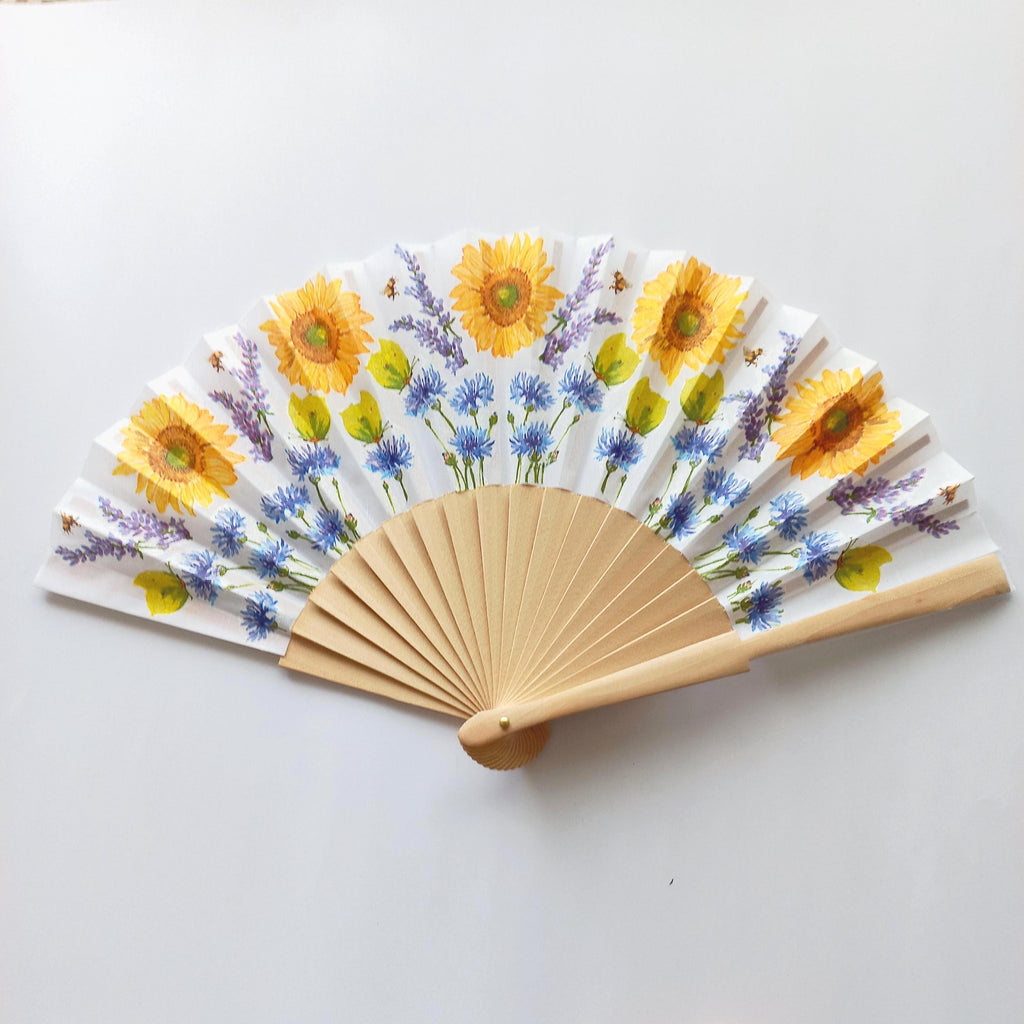 Wild flowers Hand Fan, Lavender and Sunflowers Holding Fan, Meadow flowers hand, Spanish Hand Fan, gift for bride, summer wedding accessory