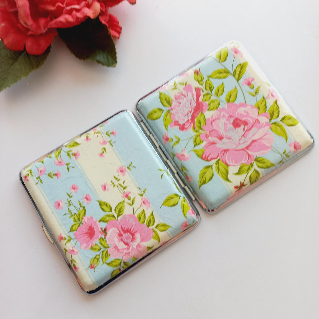 Floral Cigarette Case – Pink Rose Metal Wallet – Romantic Victorian Flower Print Case – Gift for Her