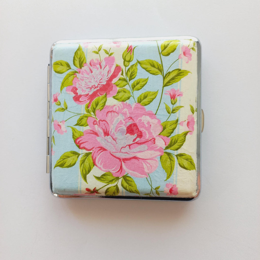 Floral Cigarette Case – Pink Rose Metal Wallet – Romantic Victorian Flower Print Case – Gift for Her
