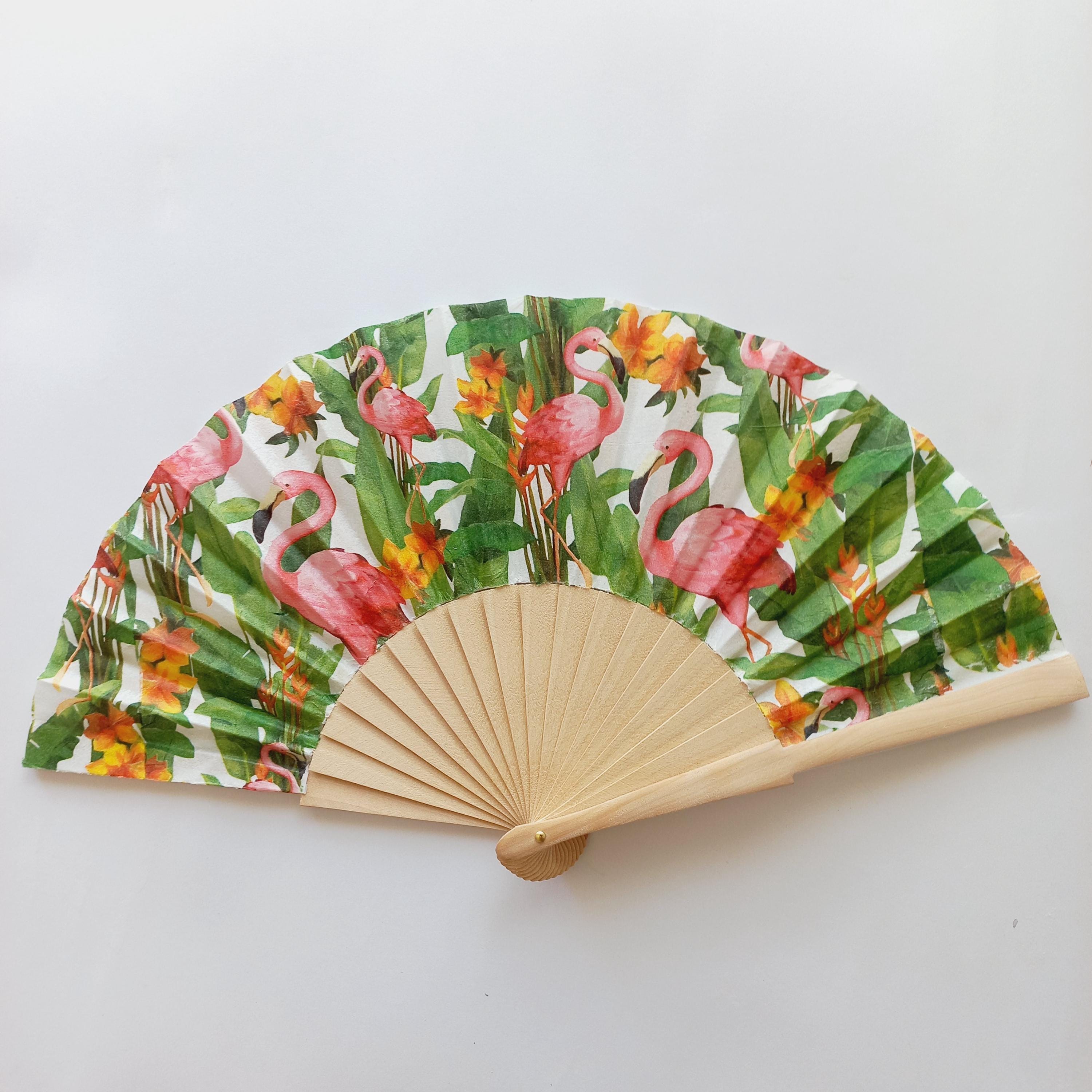 Tropical Flamingo Hand Fan – Pink Flamingo  Hibiscus Folding Fan –Summer Beach Accessory – Exotic Party Favor - Folding Fan with Palm Leaves